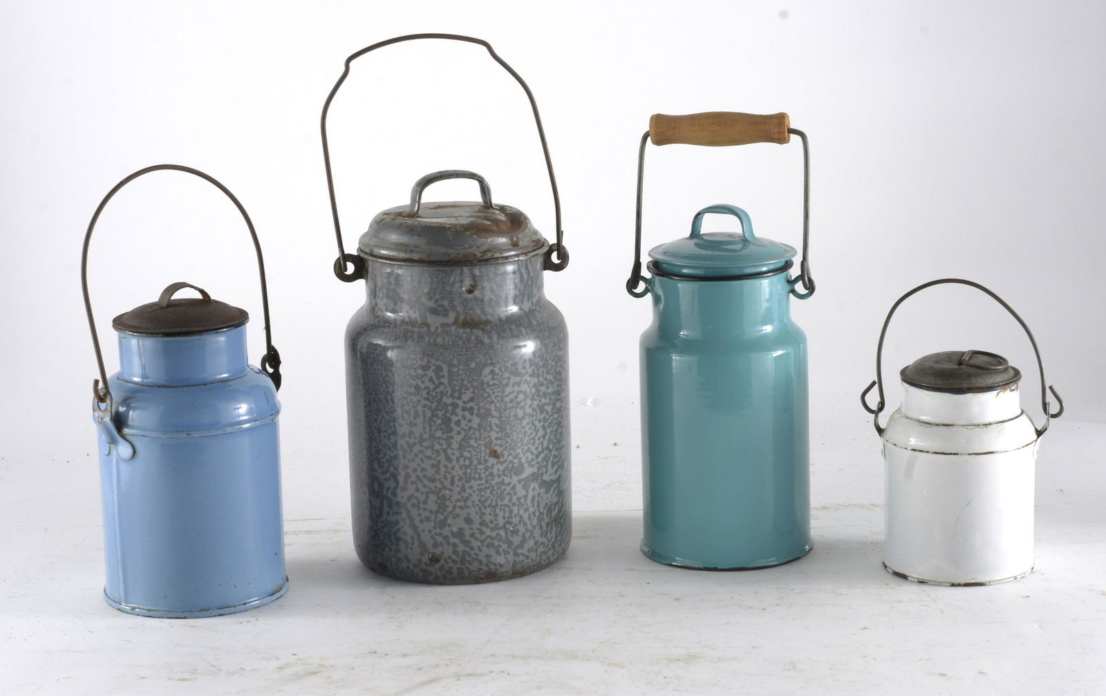 Four Piece Various Enamelware Cream Cans (1 of 3)