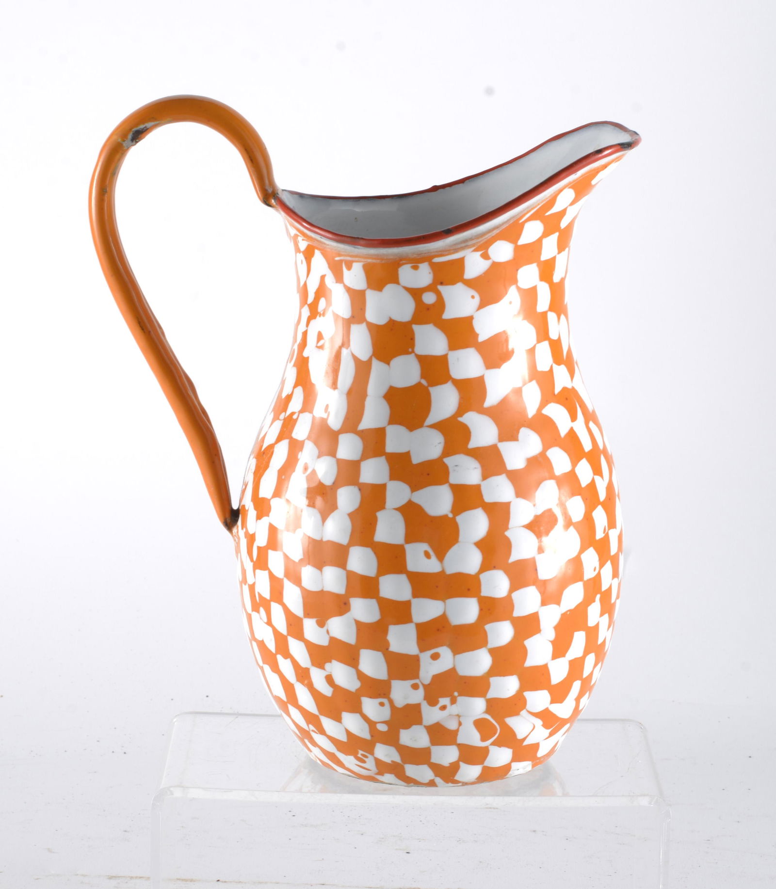 European Tall Milk Pitcher Orange and White Enamelware Droppy Check Patten with Red Trim (1 of 3)