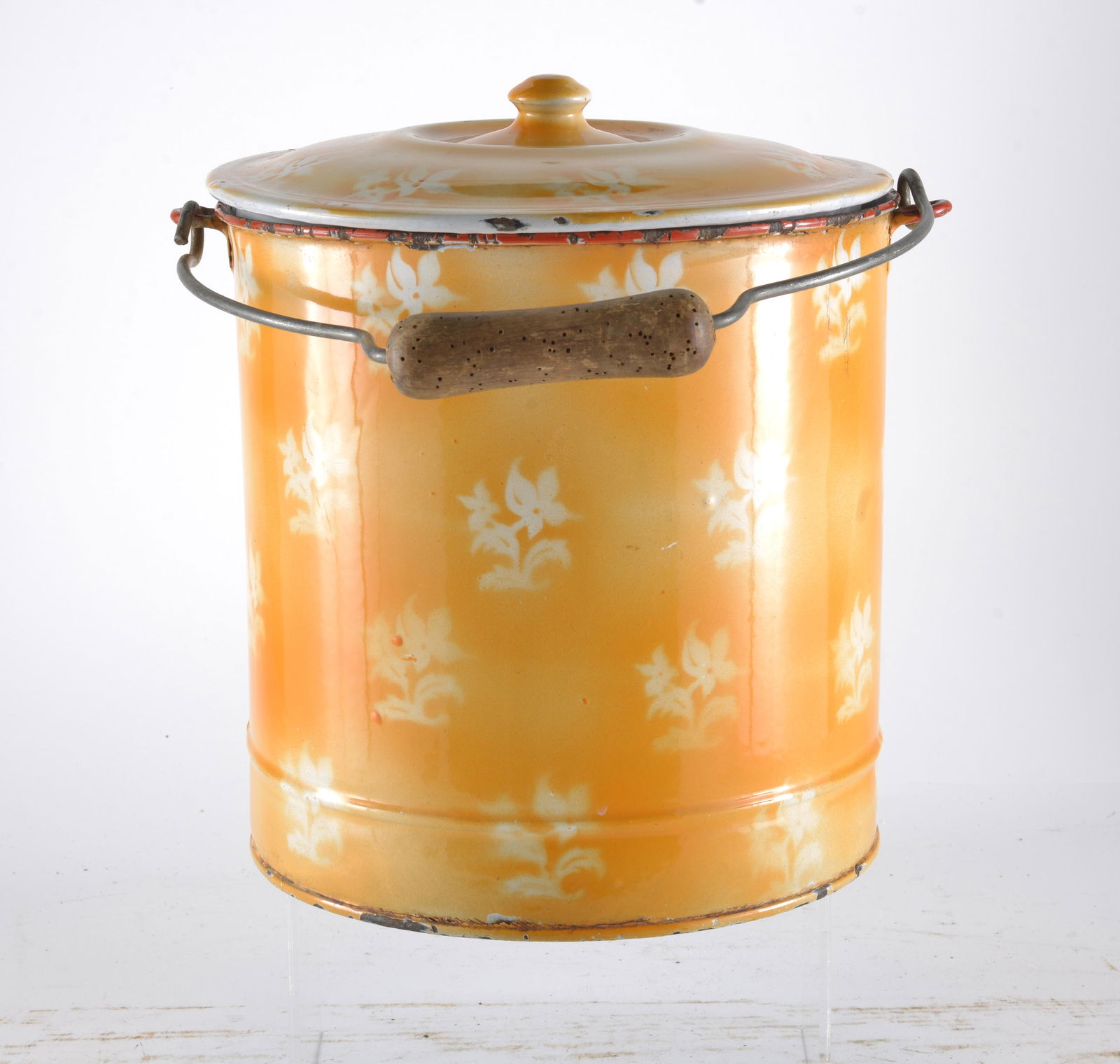 French Enamelware Orange with Air Brushed Floral Design Laundry Bucket with Bale Handle (1 of 3)