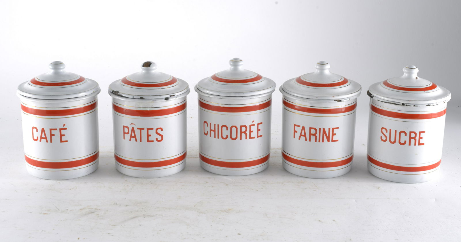 Five Piece European White & Red Enamelware Cannister Set (1 of 3)