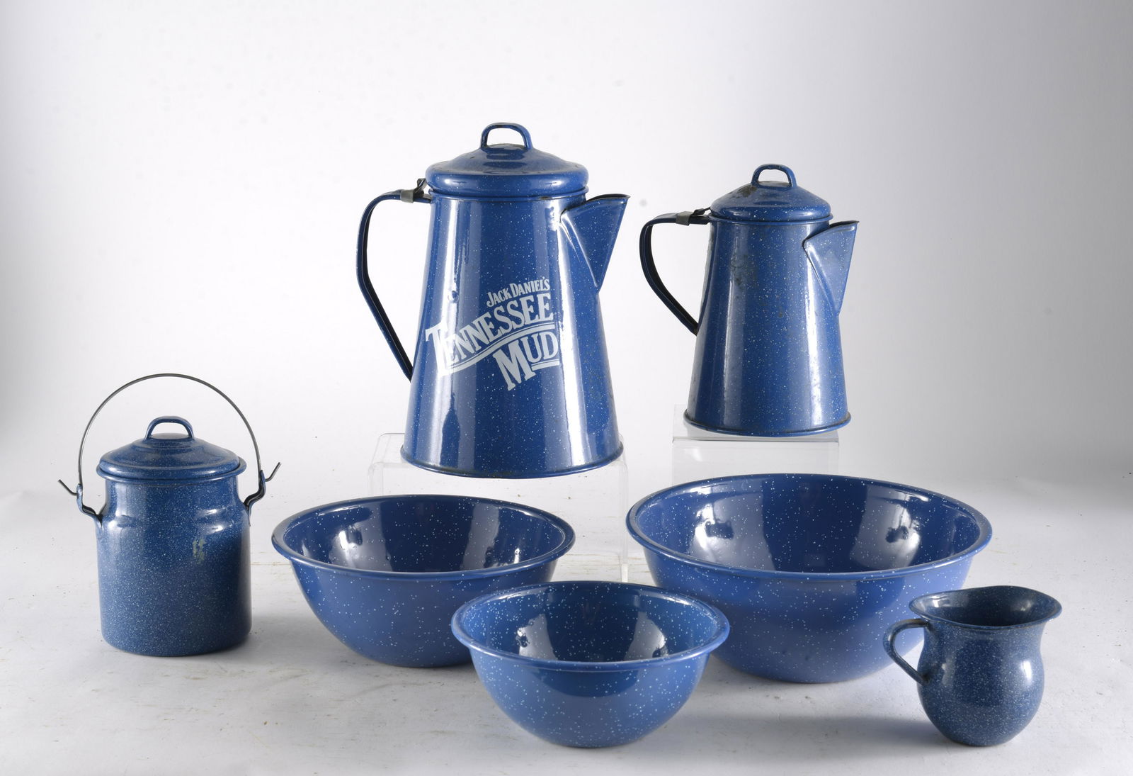 Modern Six Piece Bright Blue Speckled Enamelware Assorted Items (1 of 2)