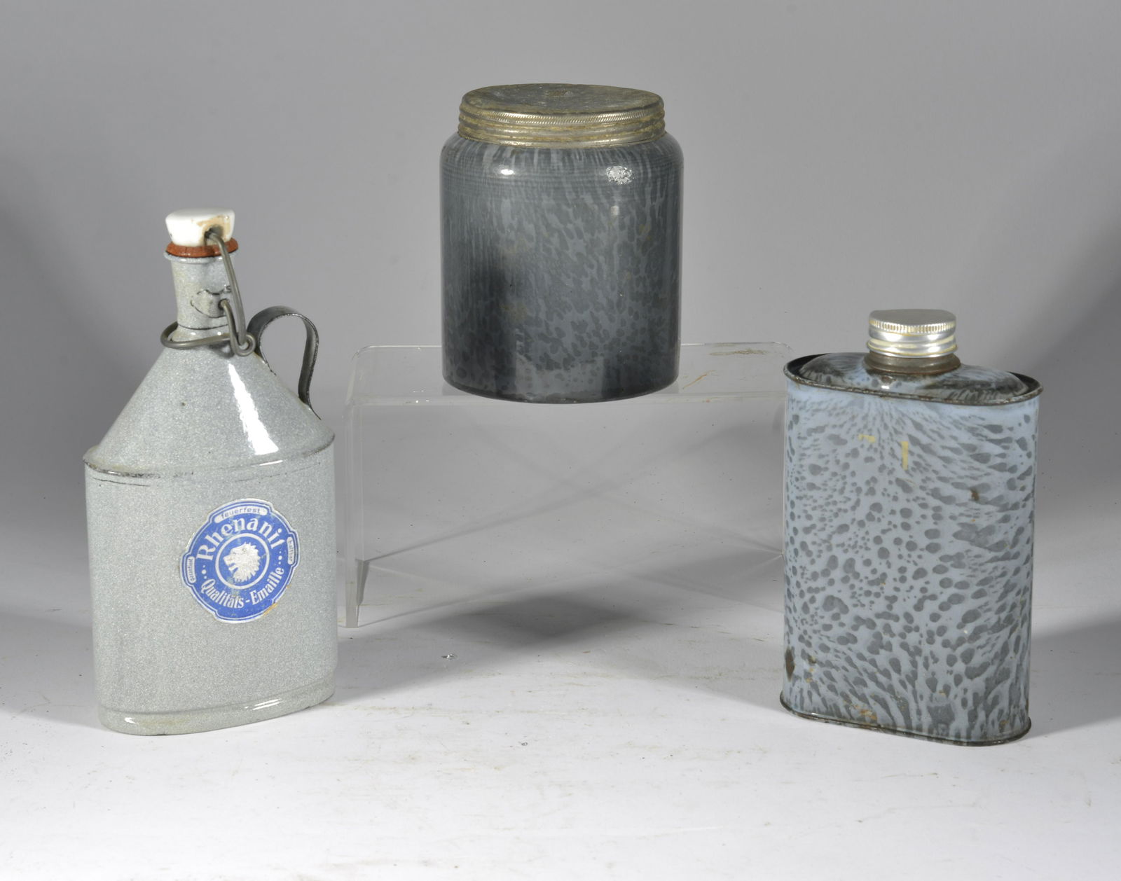 3 Pice Gray & White Enamelware Assorted Items-Flash, Snuff Jar, Canteen (1 of 3)