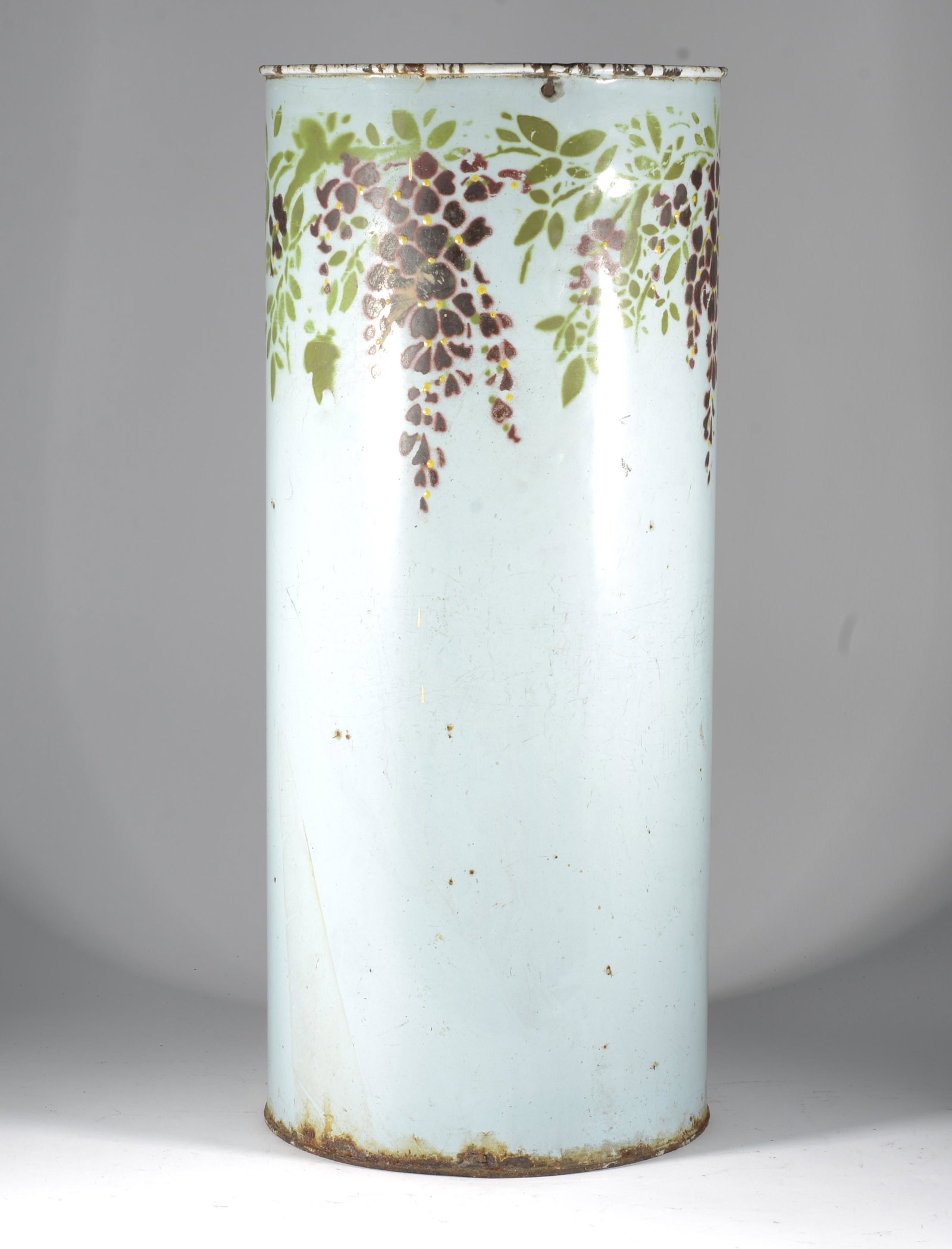 Eurpoean Floral Design Enamelware Tall Umbrella Stand: All Original Condition, Some Rust on Metal. Overall Good Condition Height 14"