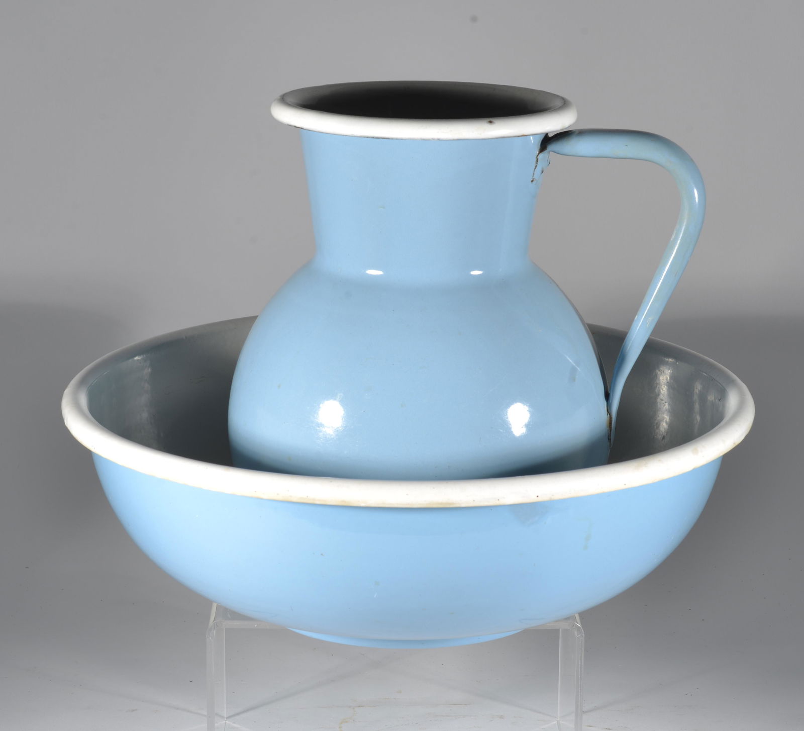 French Flared-Rim Water Pitcher Enamelware  with Matching Basin -Blue & White (1 of 2)