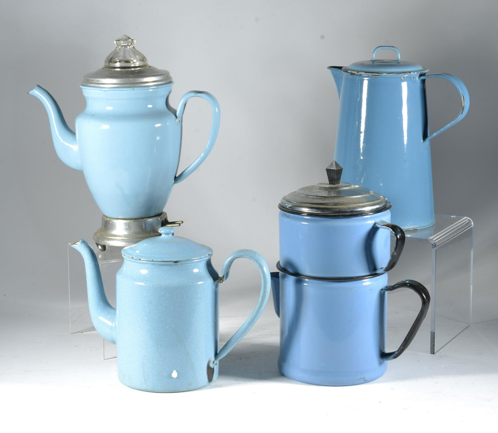 5 Piece Assorted Blue Enamelware Tea Pots (1 of 2)
