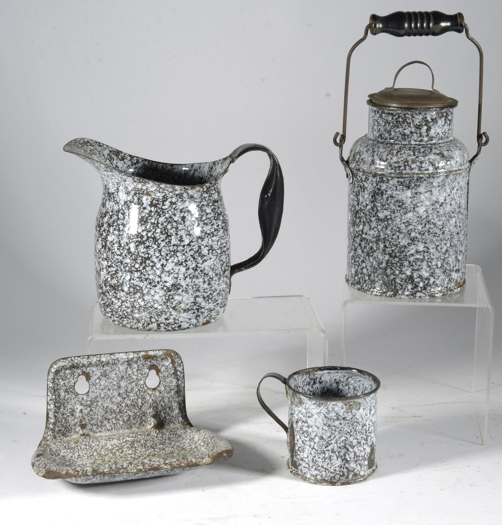 4 Piece Black & White Mottled Enamelware Assorted Lot- Cream Can, Pitcher, Soap Dish, Mug (1 of 2)