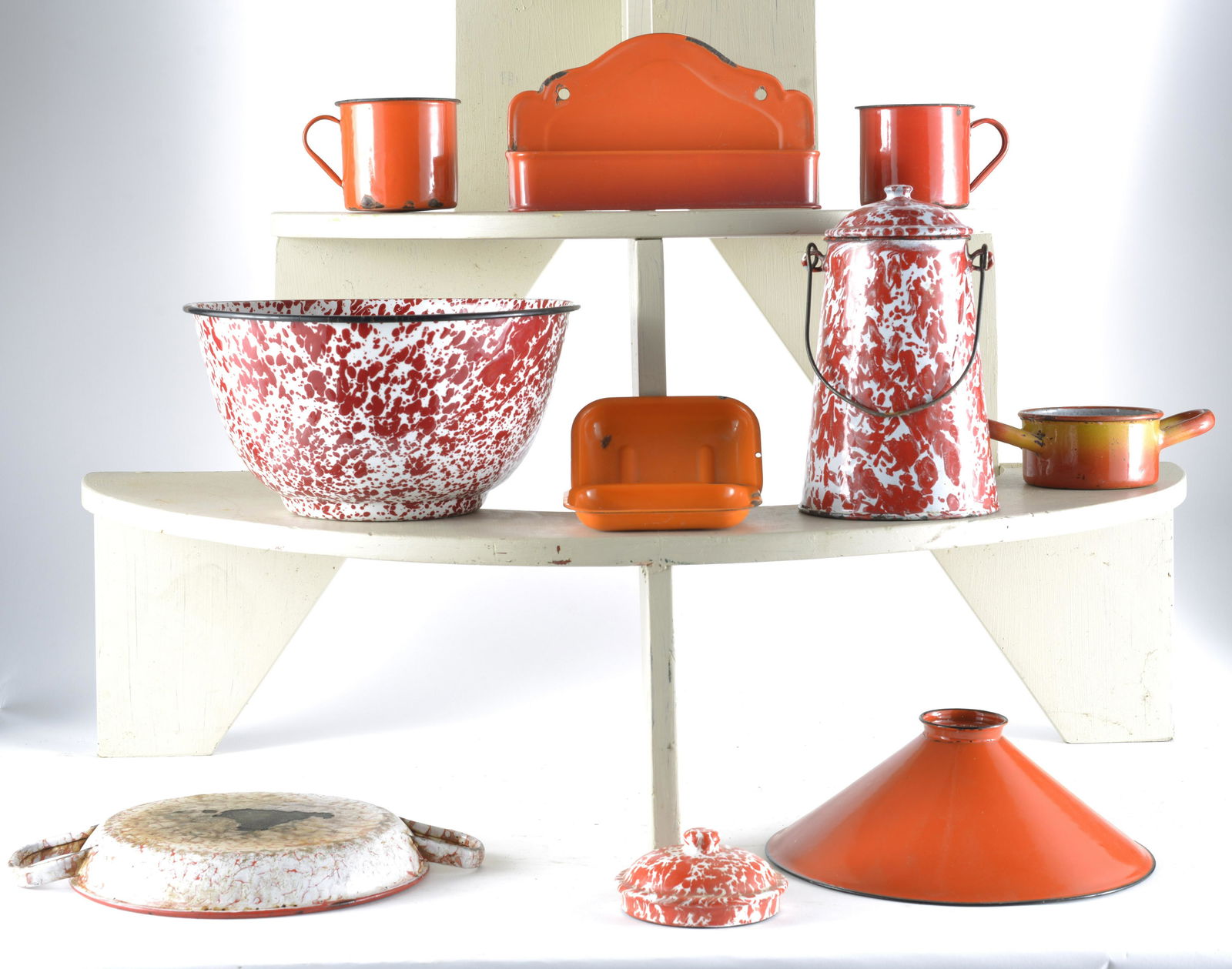 10 Piece Red & White Speckled & Other Colored Enamelware Assorted Items-Mugs,  Cream Can with Lid, (1 of 1)