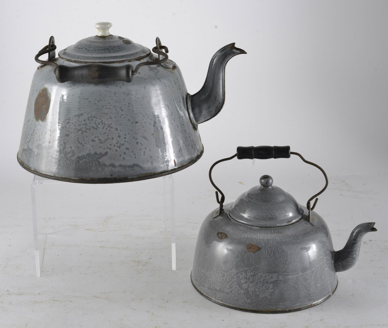 Two Piece Gray Enamelware Gooseneck Tea Kettles (1 of 2)