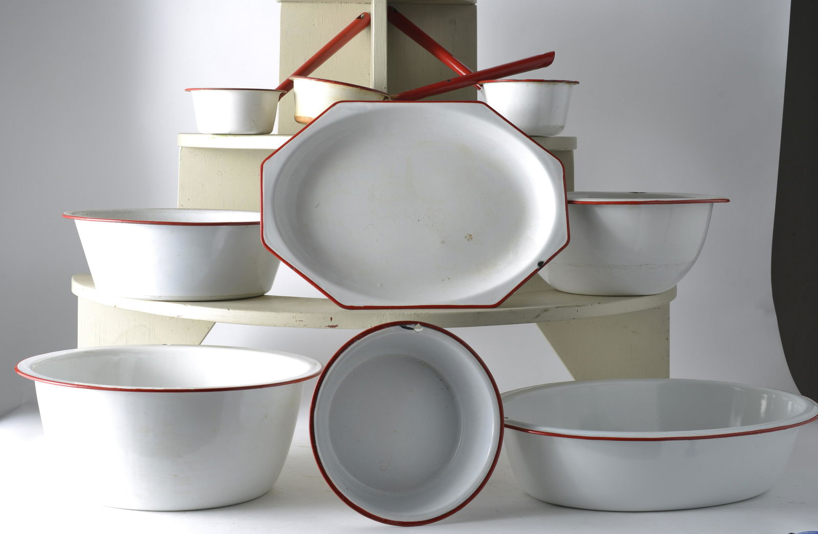 10 Pieces of Red & White Enamelware Assorted Items (1 of 1)