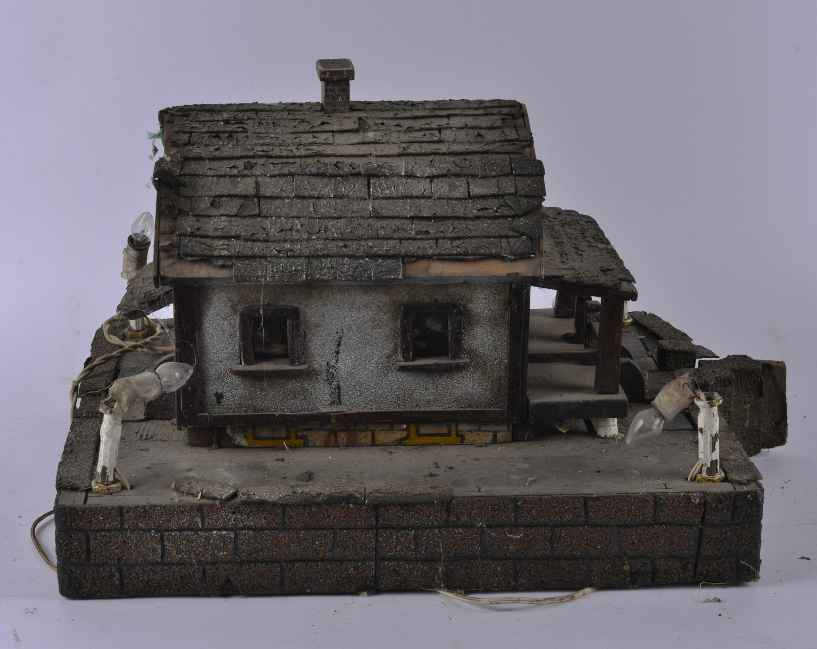 Folk Art Miniature House with Lighting: All Original Condition, Some Rust on Metal. Overall Good Condition