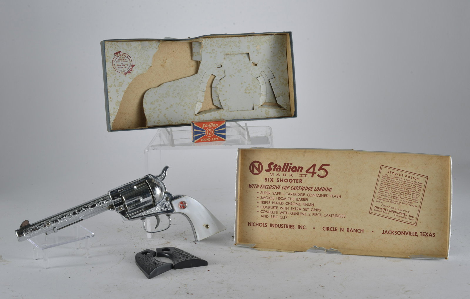 Nichols Industies, Inc Stallion 45 Pistol: Rare Stallion 45 Mark II Childs Cap Pistol-with box and contents - 12"
