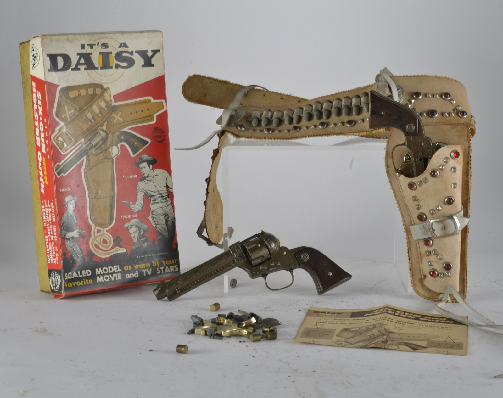 Daisy Six Gun Holster Outfit: Very Rare with box to include 1960's Warner Brothers original paperwork- guns are 10"