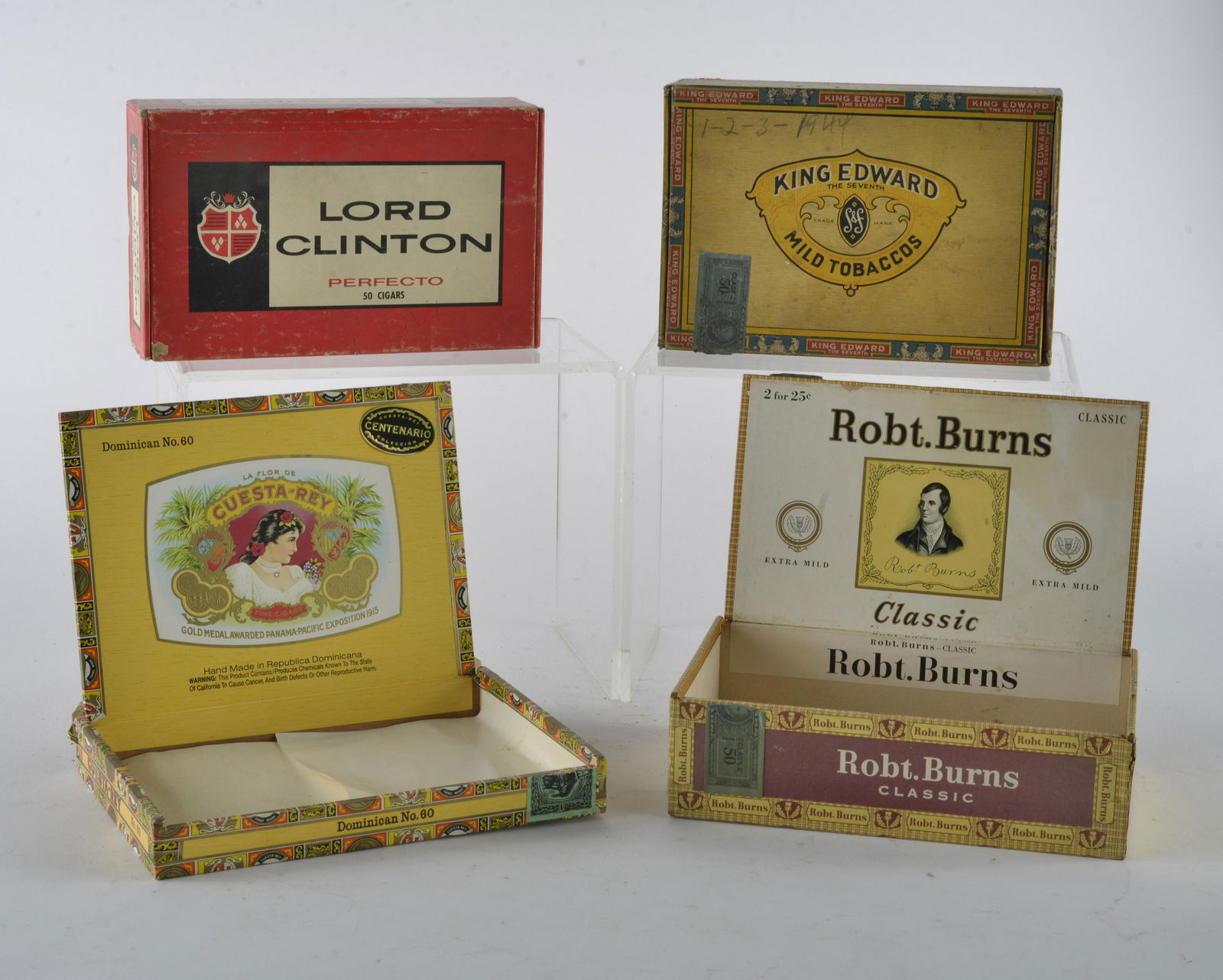 Lord Clinton / King Edward / Guesta Rey / Robt Burns Cigar Box: great advertising Tabacco Cigar boxes, great colors. all original condition, some ware and lite rust, see photos.