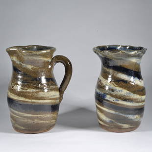 Burlon Craig Pottery Three Color Swirl Pitcher / Fluted Vase Catawba Valley NC: These are fine examples of the folk pottery of Burlon Craig (b1914-d2002) circa 1990s. Both pots are tri-swirl with cobalt, white, and alkaline. And incised sine wave decoration. The pitcher has a