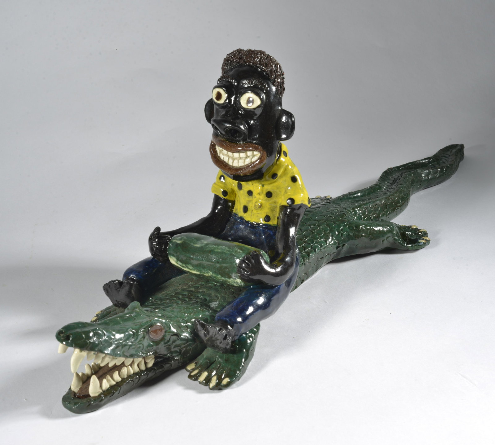 Albert Hodge Alligator and Riding Man Figural RARE Catawba Valley Folk NC Pottery: Albert Hodge, now retired, created folk pots of in the middle of the Catawba Valley on NC 10 in Vale, NC, just down the street from Kim Ellington & Charlie Lisk. Initially for the first few years he w