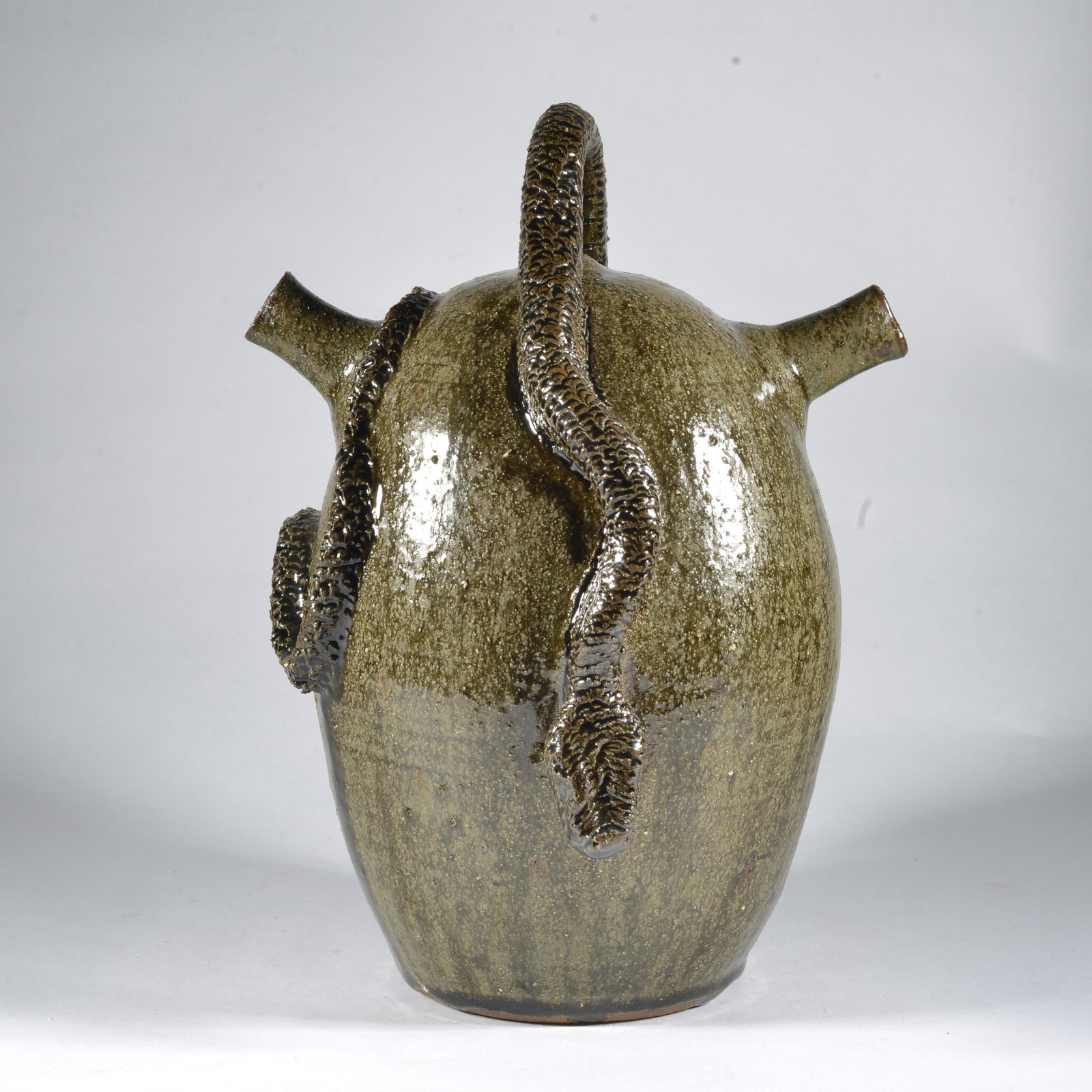 Richard Kale BREE (potter) Monkey Snake Jug Catawba Valley NC Pottery: One of the largest pots known to come from the Kale by a potter that worked their part-time named Bree. Fun Catawba Valley monkey jug with the endless snake crawling all over. Marked both on the side