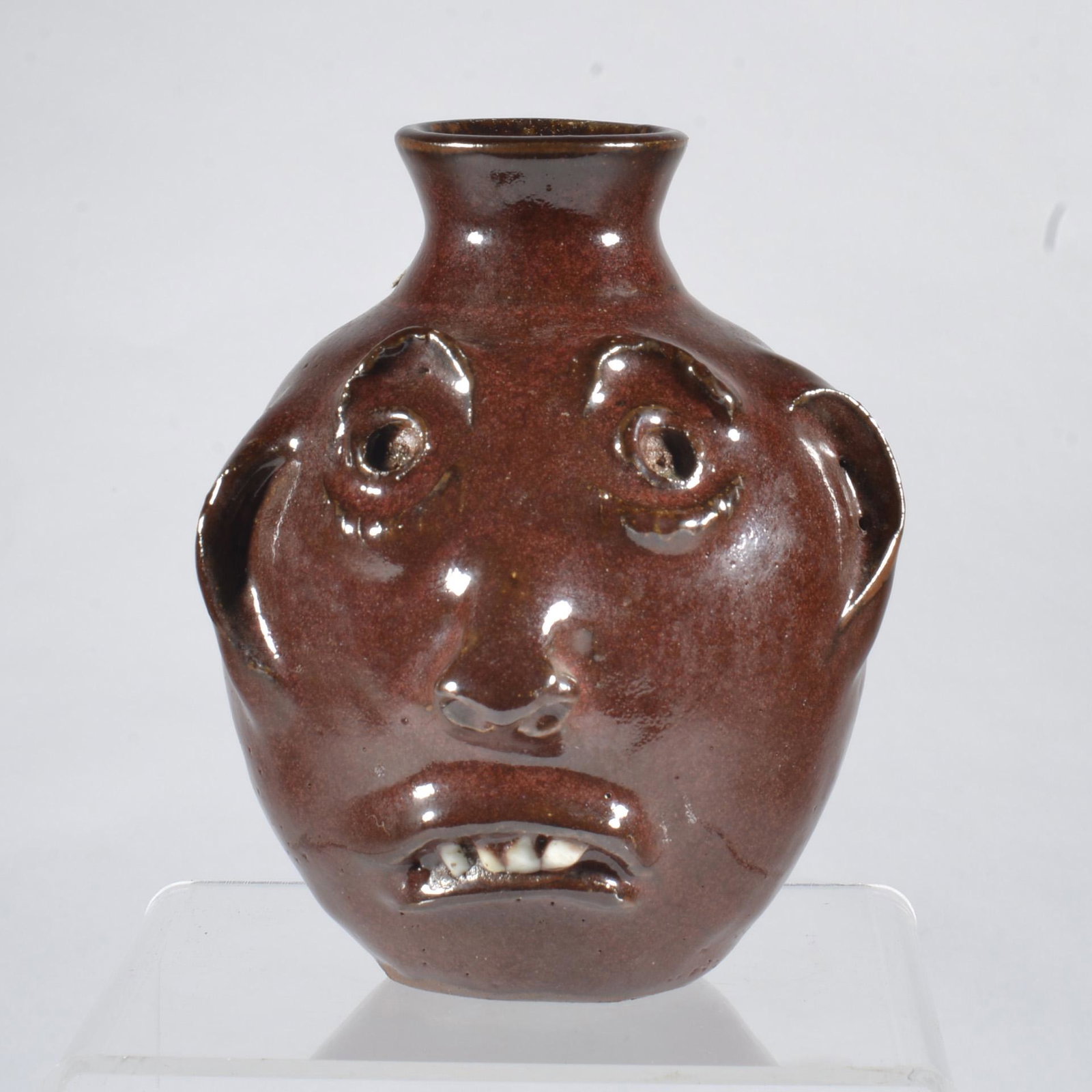 Ina 'Owens' Bolick Face Jug NC Folk Pottery: Ina is the daughter of Melvin L (ML Owens) and siblings with a family of potters (her sister Lula Owens Bolick; Nancy, Vernon, and Boyd Owens, etc.). She is well-known for her figurals, but makes face