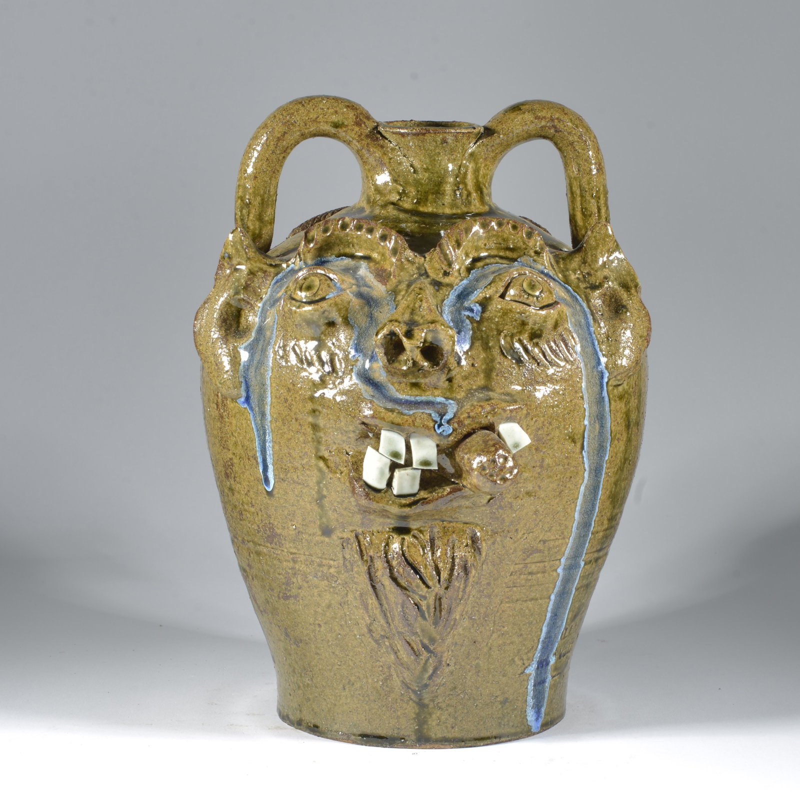 Ben Allman Kathy Kennedy Richards RARE Double Face Jug Catawba Valley Pottery NC: Two longtime potters in the Catawba Valley are Ben and also Kathy Kennedy Richards. Kathy is the granddaughter of one of the three Kennedy Bros of that pottery from the earlier 20th century Wilkes Co.