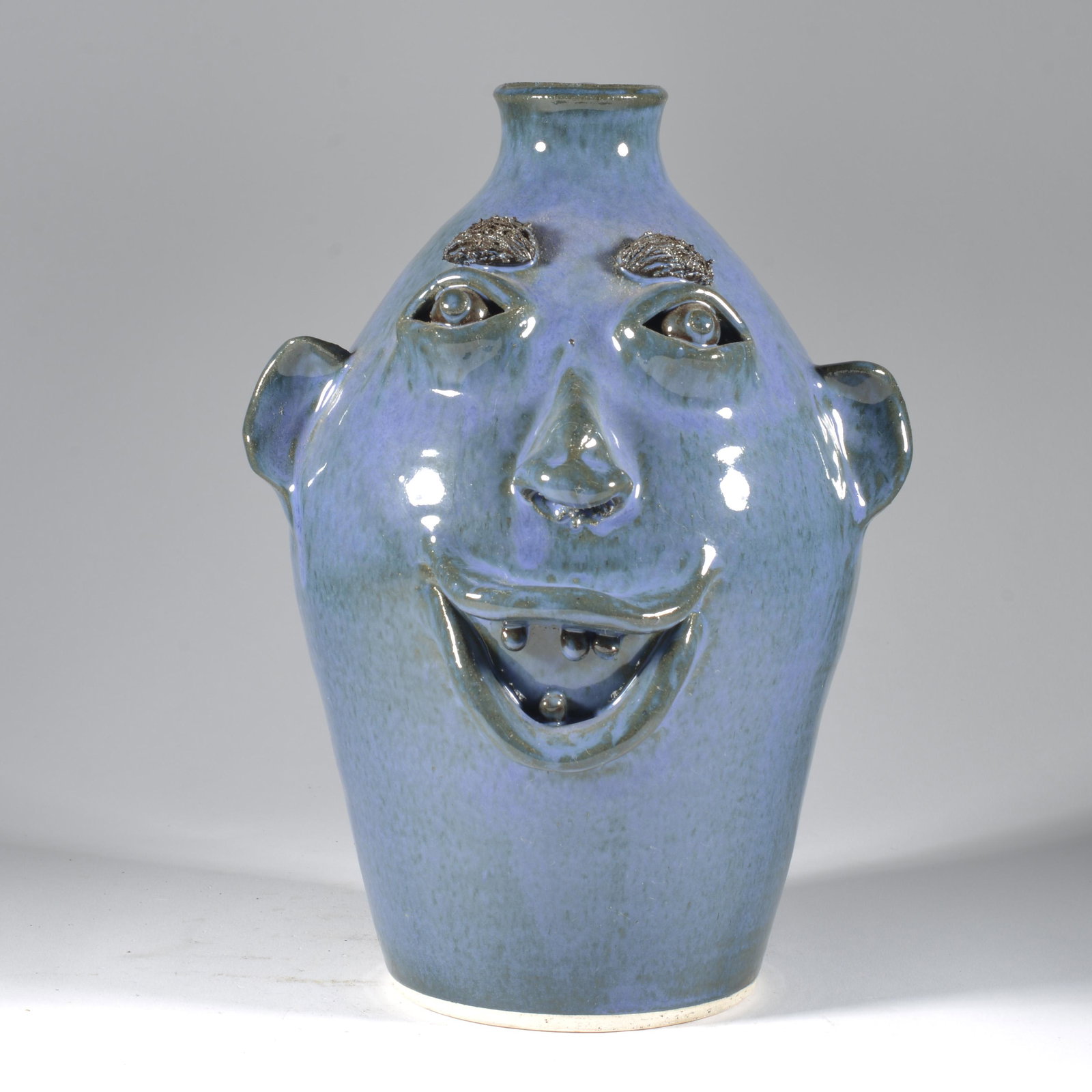 Jamie Kale Pottery Blue Face Jug 2003 Catawba Valley NC Folk RARE: Jamie, son of Richard, and grandson of Harry Kale (all potters). He is no longer active as a potter, but dived right in at the same time at about age 6 as his dad in 1983. This is RARE blue glaze for