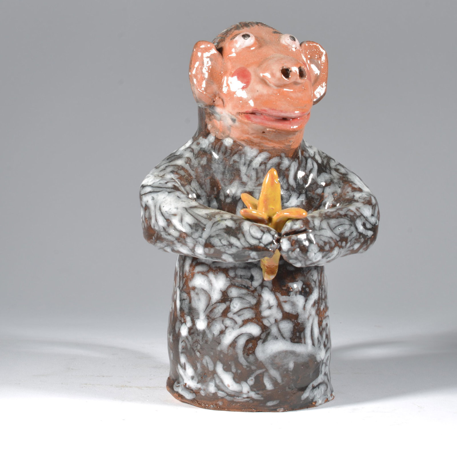 Larry Wilson GA Folk Pottery Monkey Figural Praying/Eating Banana: Initially we missed that the LW on 3 lots in the auction referred to beloved late potter Larry Wilson (he died in 2014). Every Labor Day he would travel to set up at the annual Hillsville VA show. And