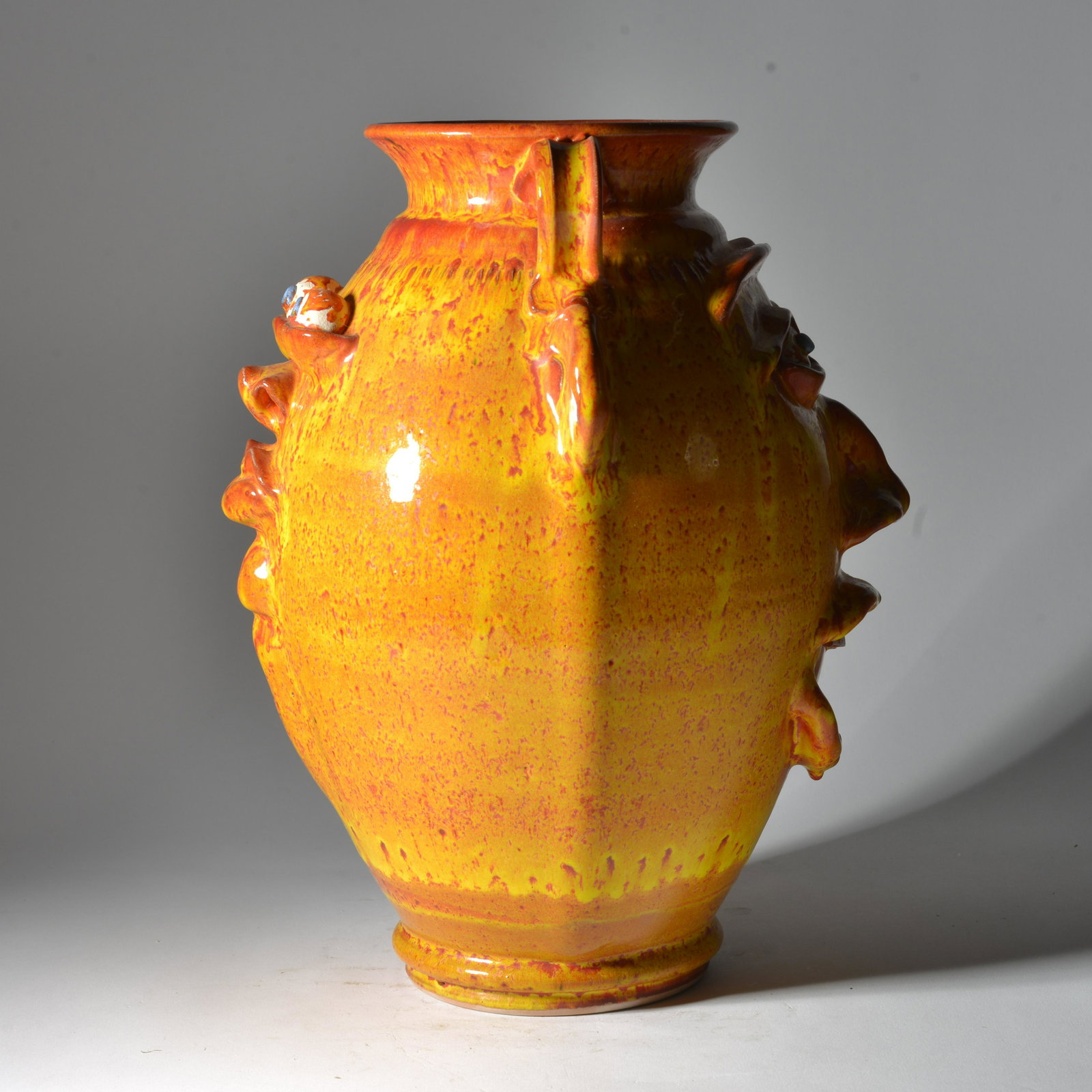 John Saunders Double Face Vase Jug Catawba Valley NC Pottery 2009 (dated): John Saunders founded a pottery in 2009 in Hudson, NC (Caldwell County or northern part of the CV). Could not determine whether he is still active, but this 2nd orange-speckled double face pot with 2 