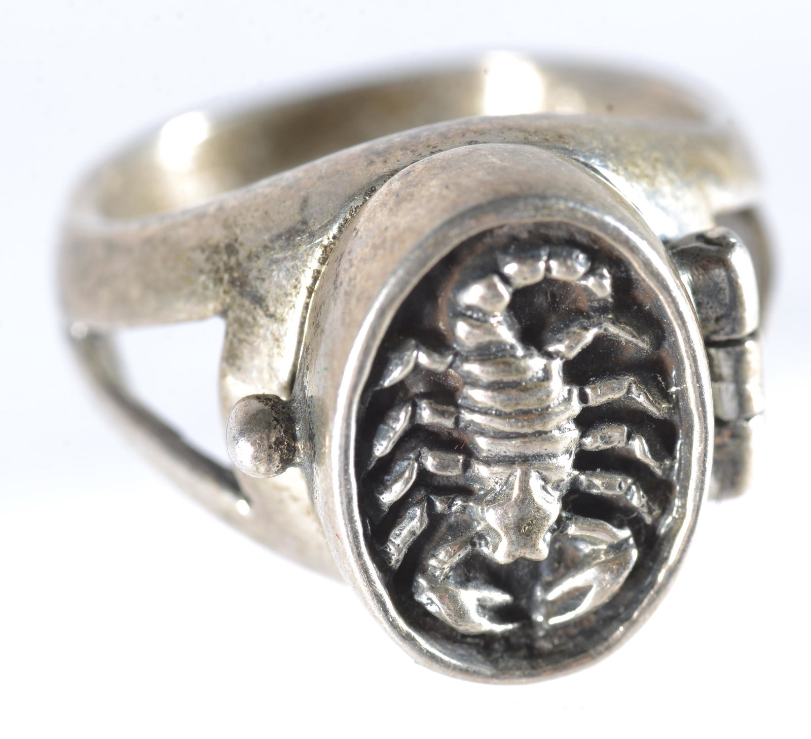 Antique 925 Scorpian Pill Ring: marked 925. pill box ring. A great estate item. Close to a size 7