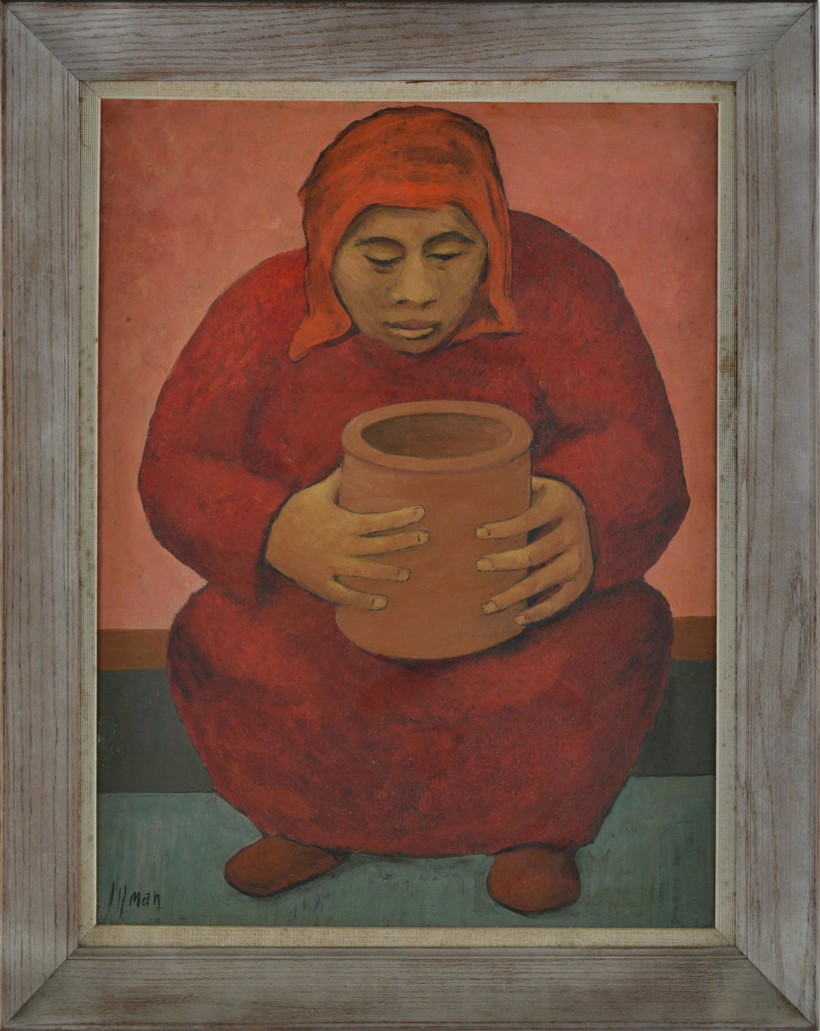 Ernest Illman Painting: titled THE POTTER, paint on masonite board. Framed. Signed ower left. 22.5" x 29"