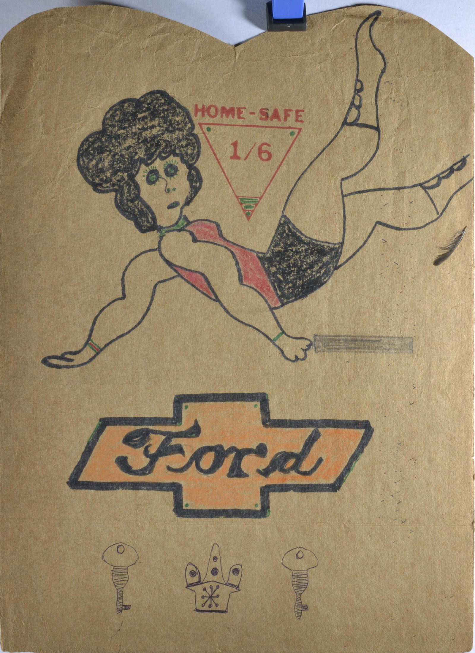 Lewis Smith (woman and sword): crayon and ink on paper bag 12"x16.5"