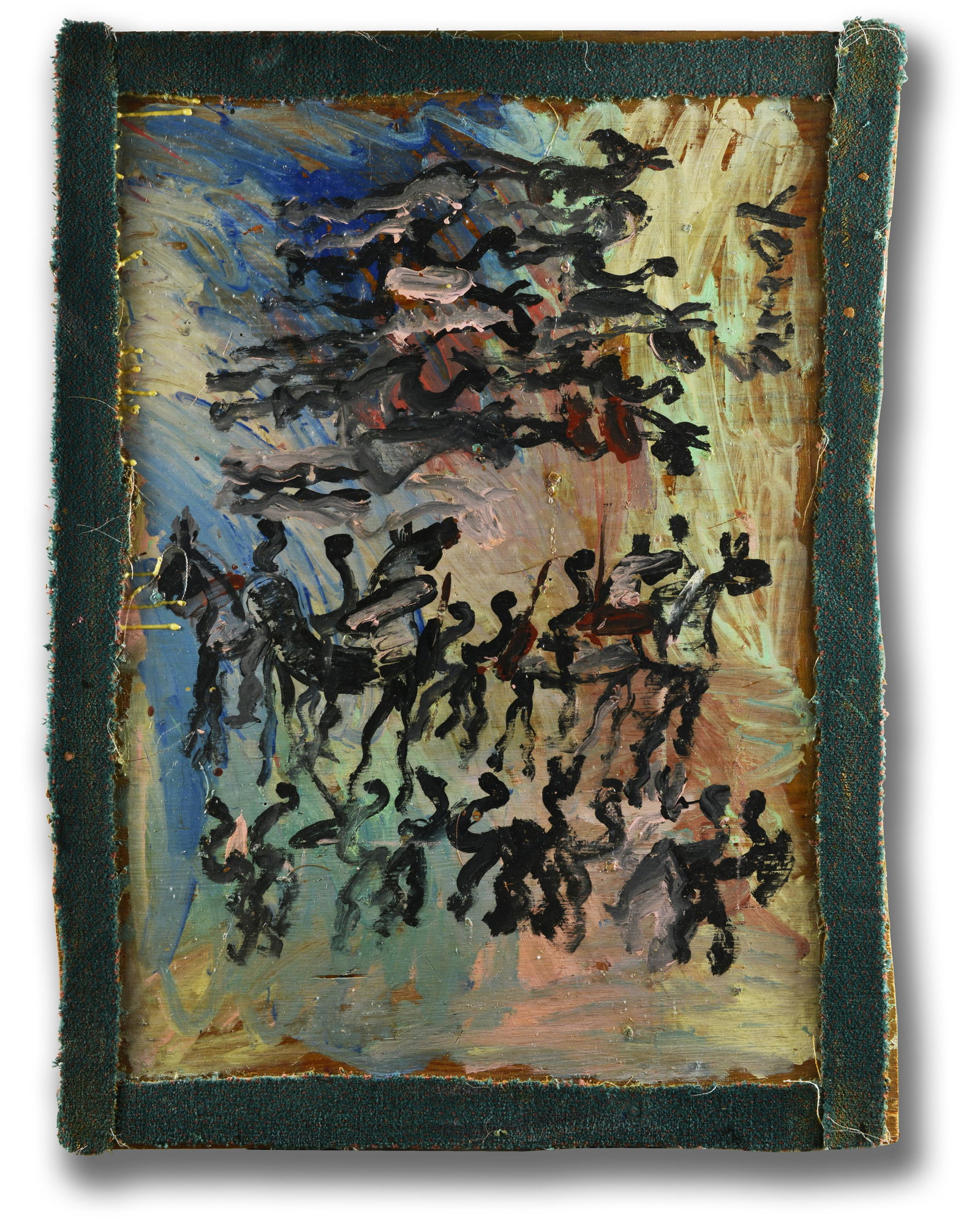 Purvis Young (1943 - 2010): heavy paint on 3/4" plywood with artist built frame made from found carpet. 35" x 48"