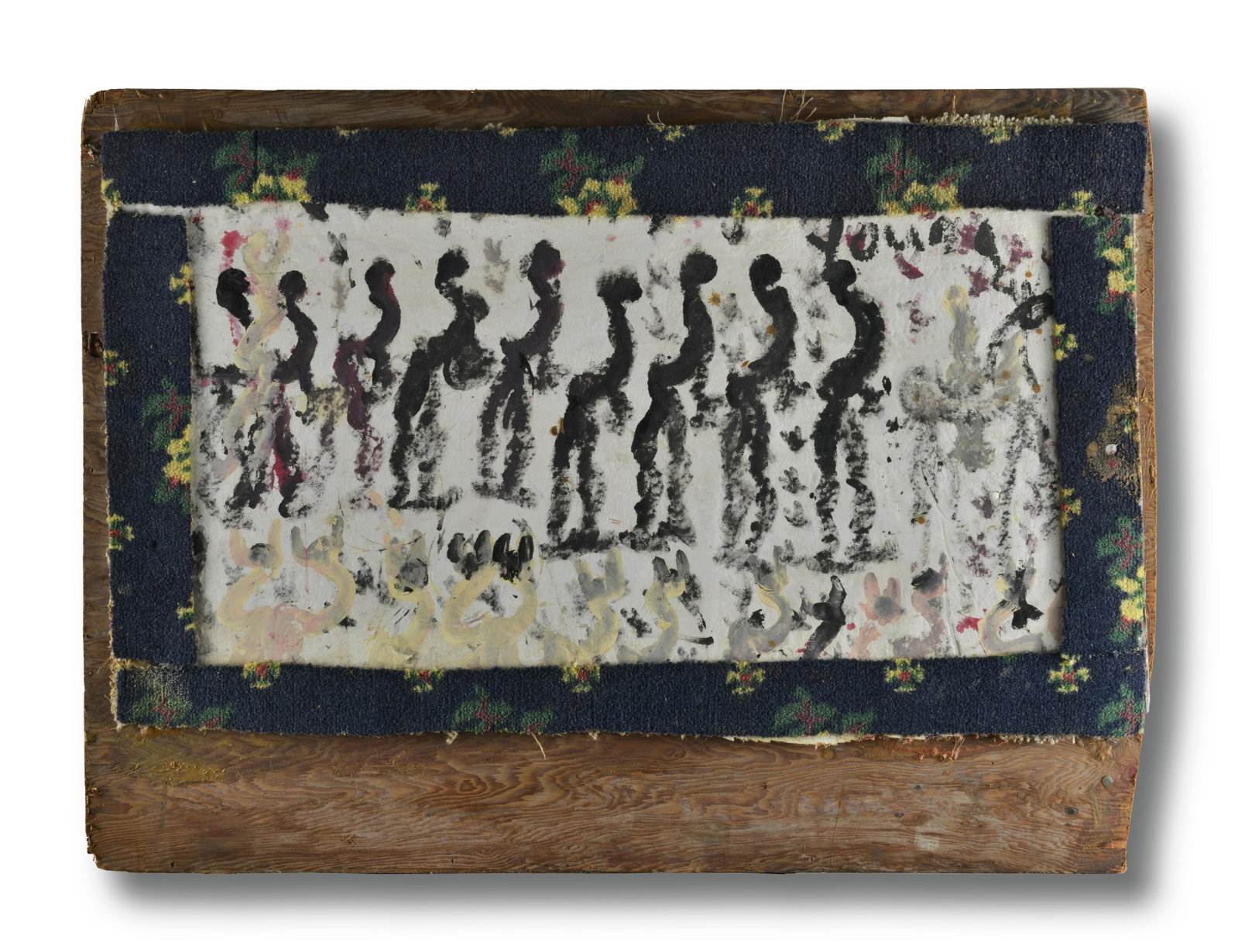 Purvis Young (1943 - 2010): paint on canvas, framed in carpet by artist. Artwork mounted to salvaged plywood board 40" x29"