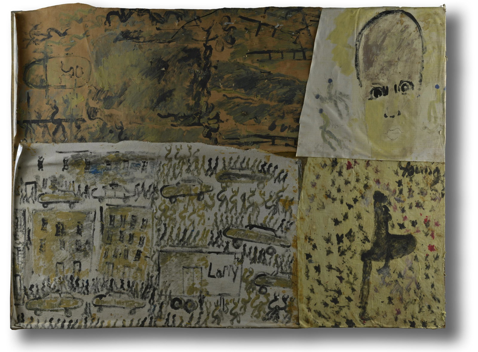Purvis Young (1943 - 2010): paint on canvas, 4 different canvases mounted to found plywood board. 66" x48"