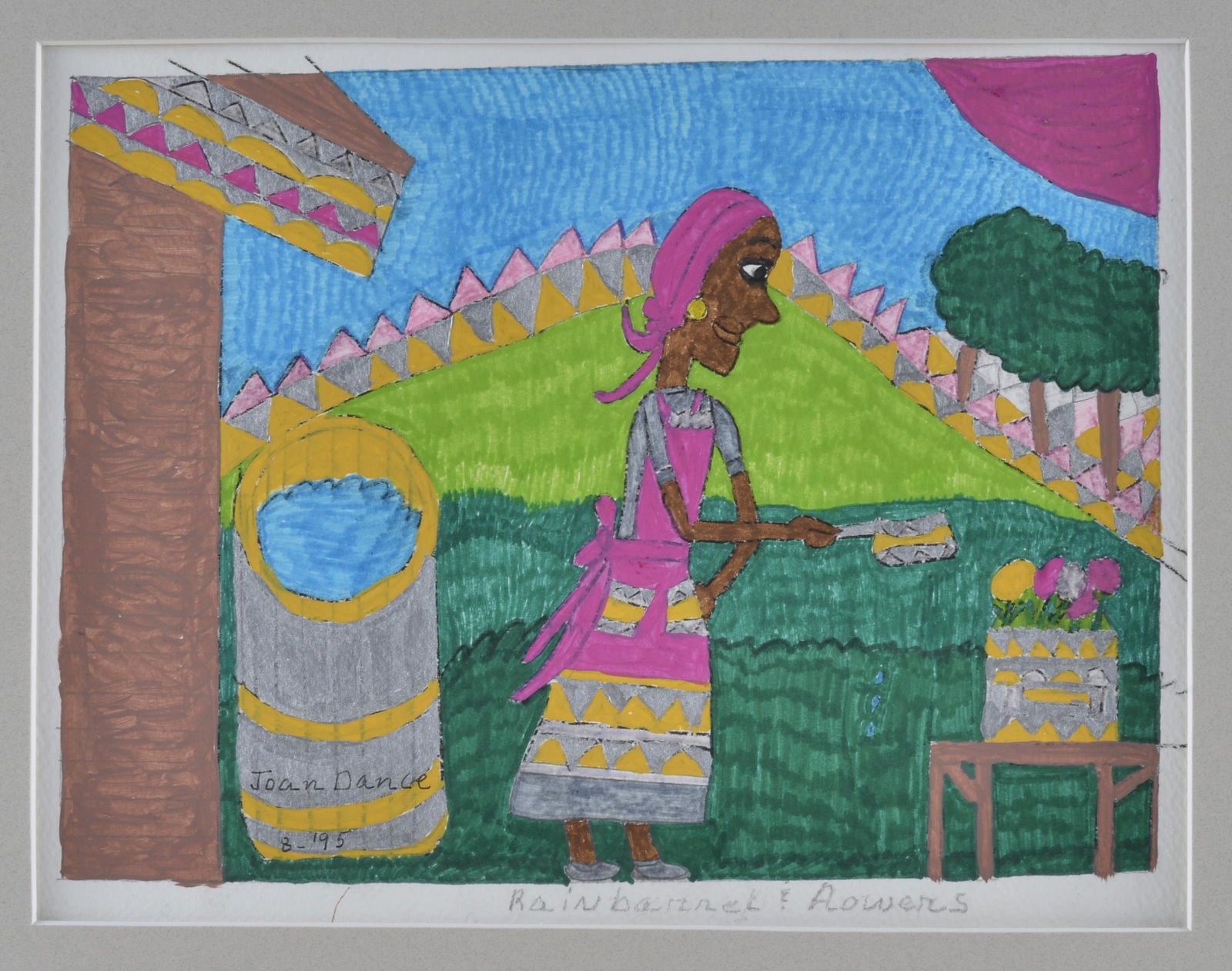 Joan Dance: marker and pen on paper, framed. Signed left side. Dated 1995. artwork is 11" x 8.5" matted to 16" x 13.5"