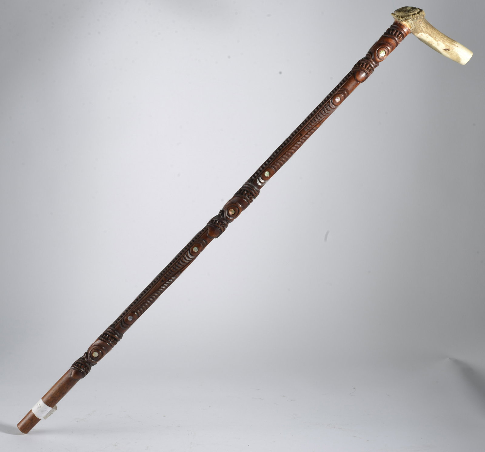 Folk Art Carved Cane: carved wood. Carved from top to bottom. Stag handle. 34"