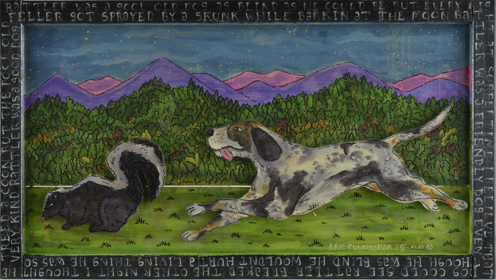 Eric Cunningham Folk Art: cut out wood and paint. Collage style artwork from TN artist Eric Cunningham. These pieces were submitted to the auction by the artist. 30" x 17"