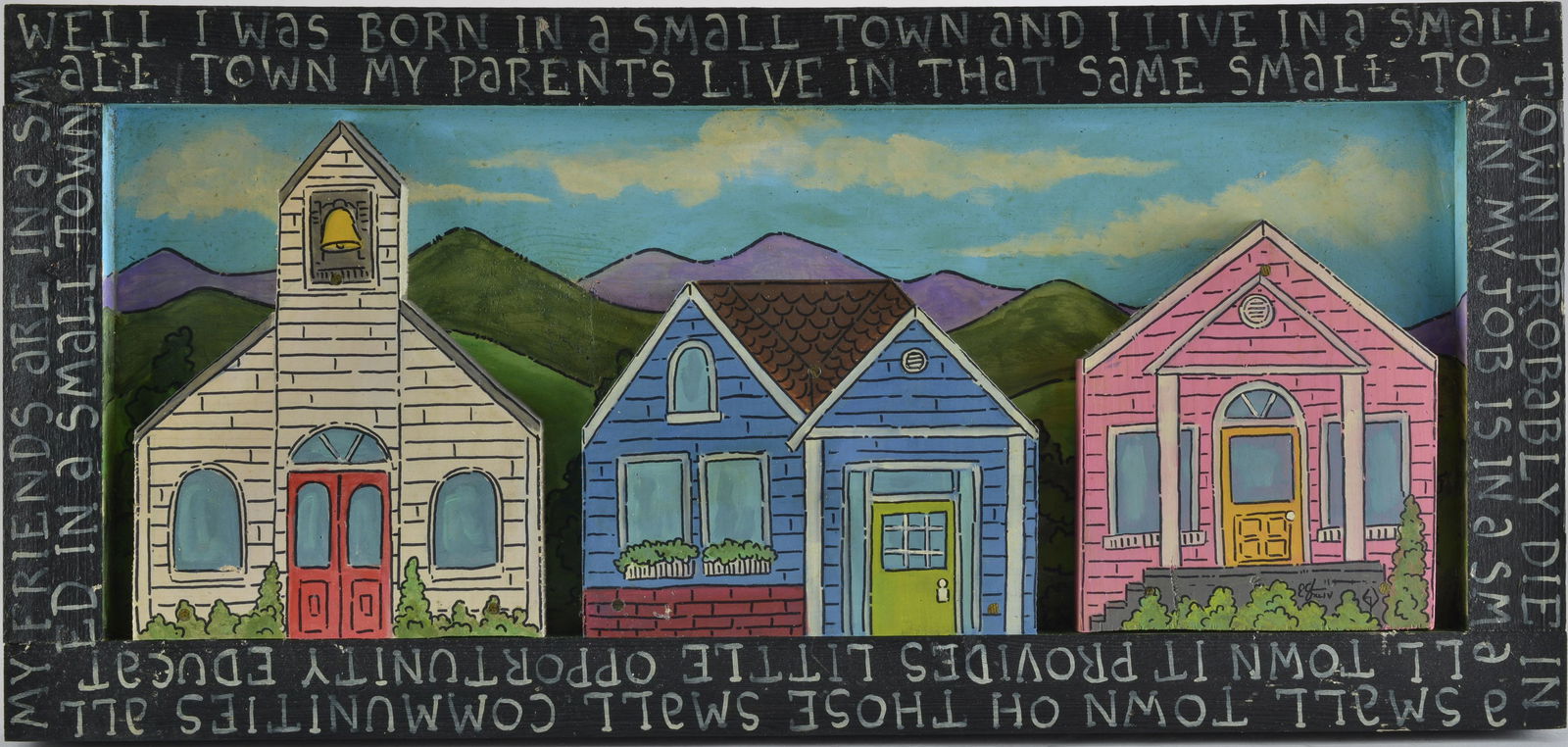 Eric Cunningham Folk Art: cut out wood and paint. Collage style artwork from TN artist Eric Cunningham. These pieces were submitted to the auction by the artist. 24" x 11"