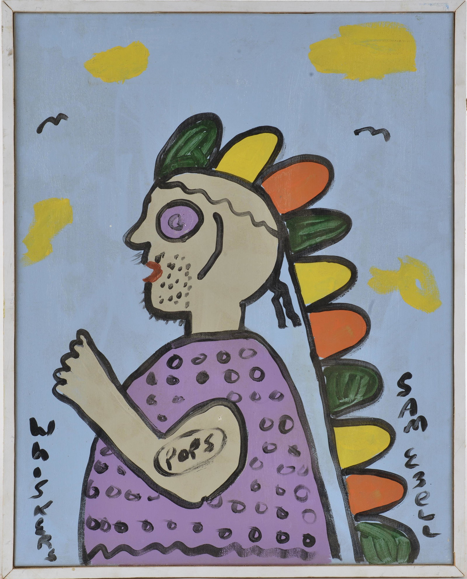 Sam Ezell Folk Art Painting: paint on wood board, artist built frame. Signed right lower. 16" x20"