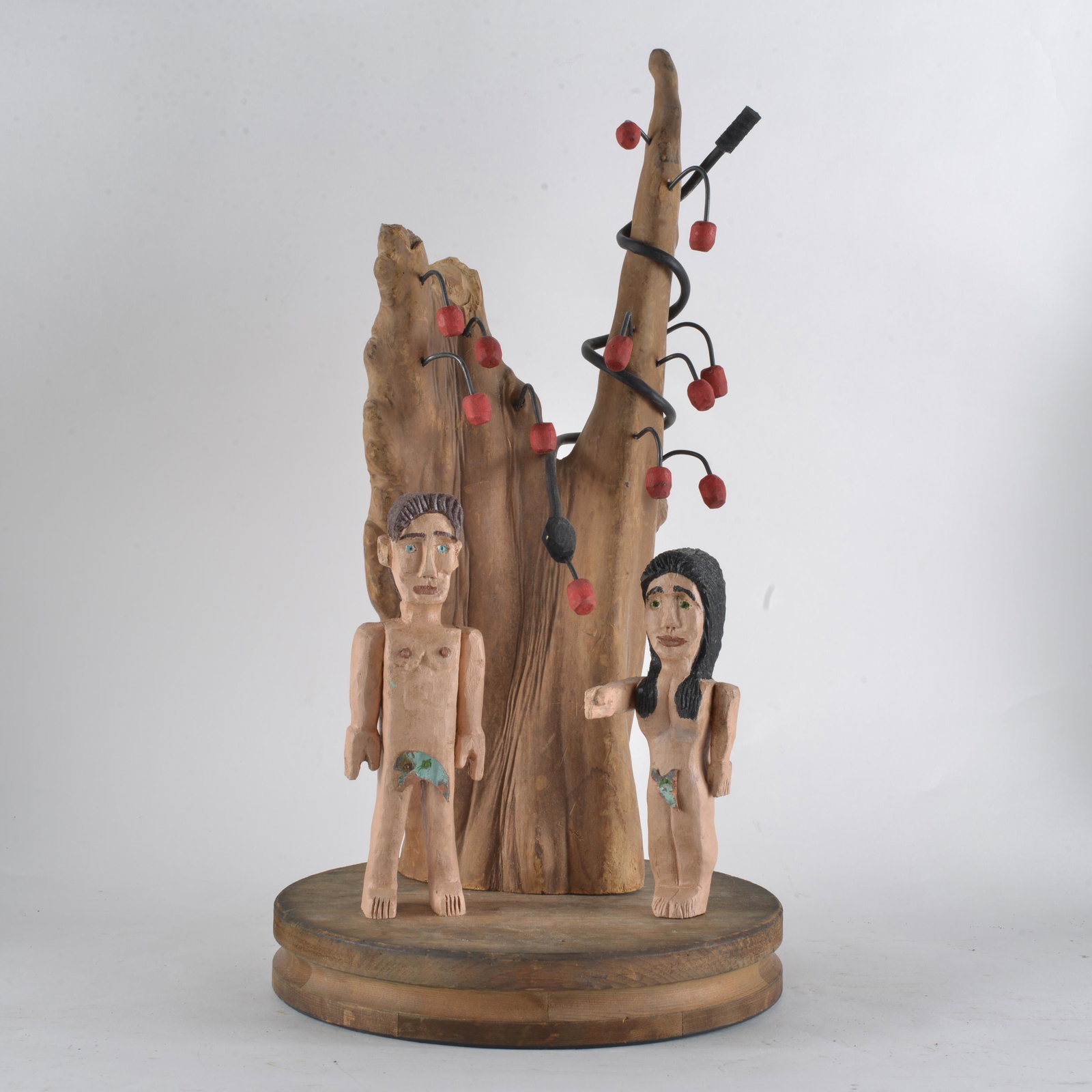 Tom Steck Adam And Eve Carving: a fantastic carving by Tom Steck. Carved wood and paint. Signed on bottom. 23.5"H x 12"D base