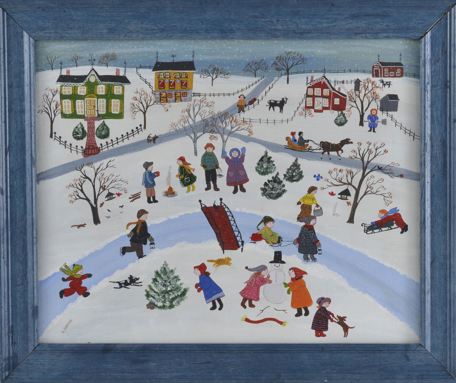 Cher Shaffer Folk Art Painting: paint on canvas, framed. Signed lower left corner. Dated on back 1978 23.75" x 19.75"