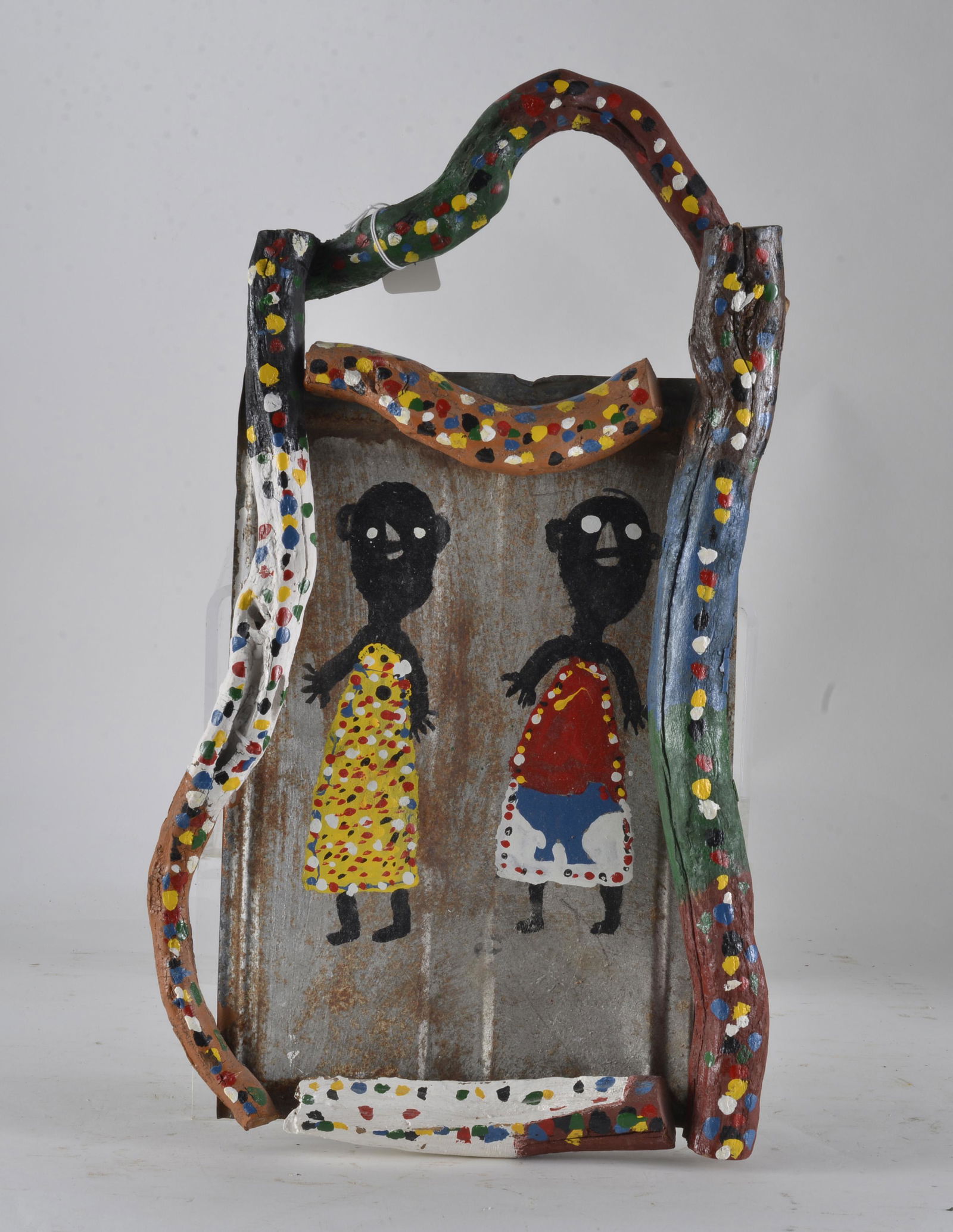 Buddy Snipes Folk Art: paint on roof tin. Signed on back. 11.5" x 19.5"