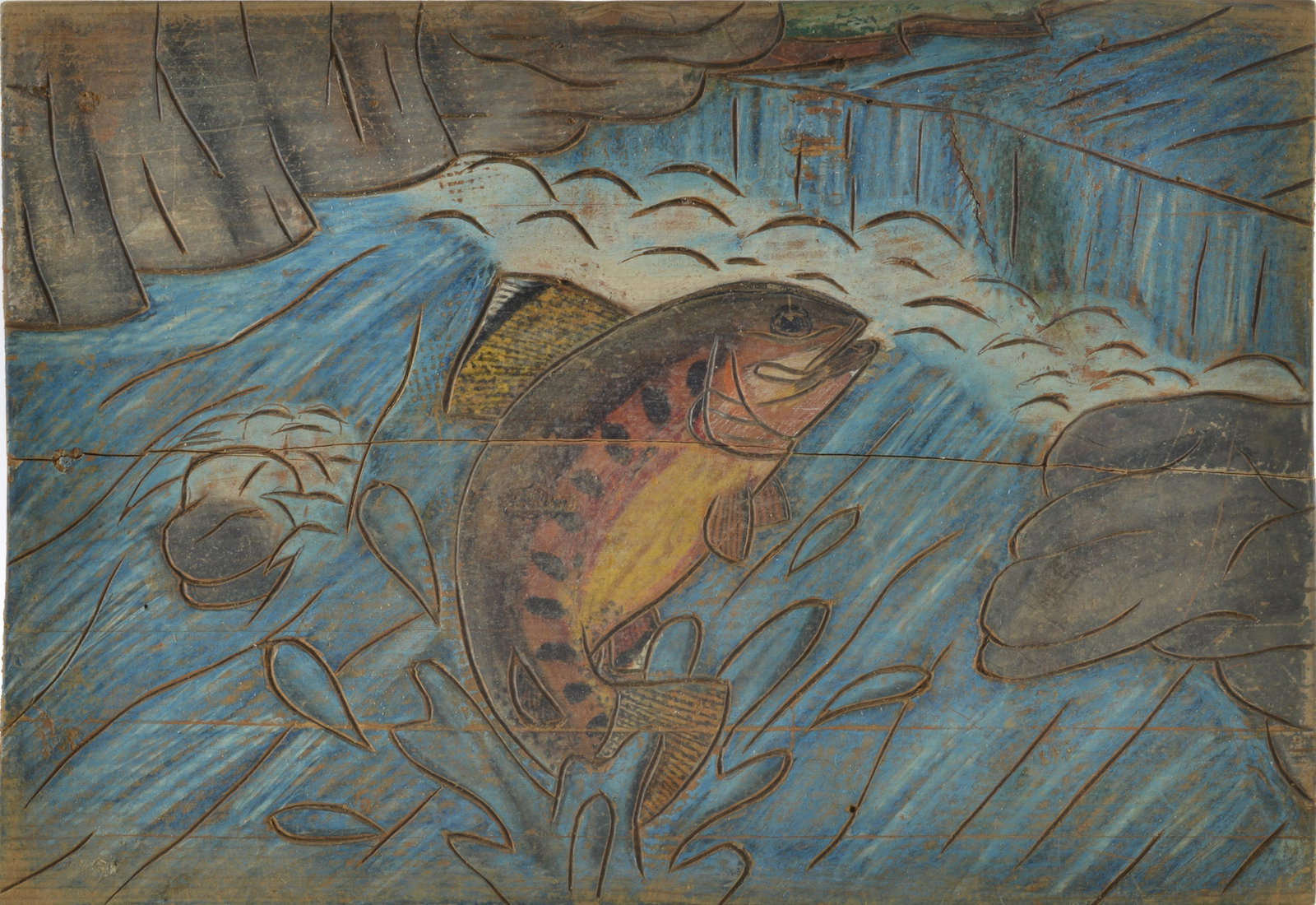 Kenneth Lee Myers Painting: burned and painted wood, signed on back dated 1995. length 16"