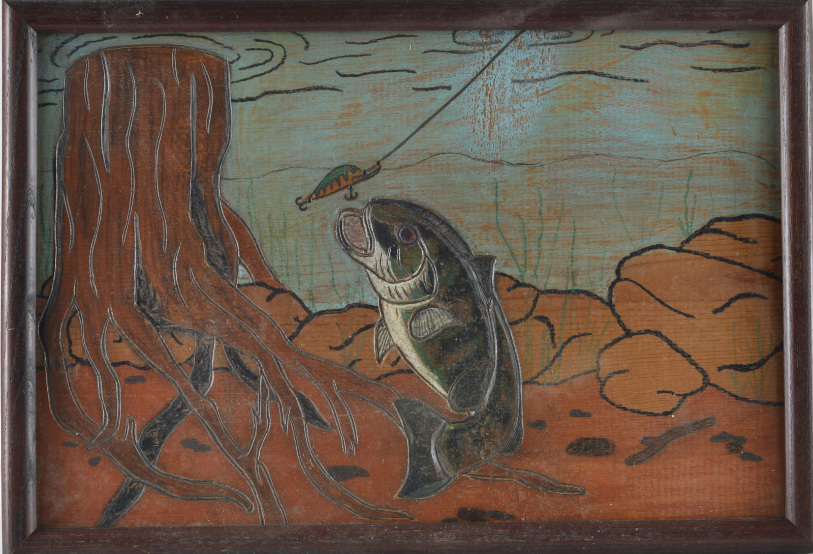 Kenneth Lee Myers Painting: burned and painted wood, signed on back dated 1995. length 16"