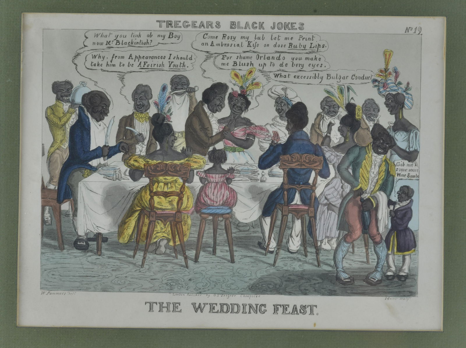 Black Americana Print The Wedding Feast: matted, labled Tregears black jokes.