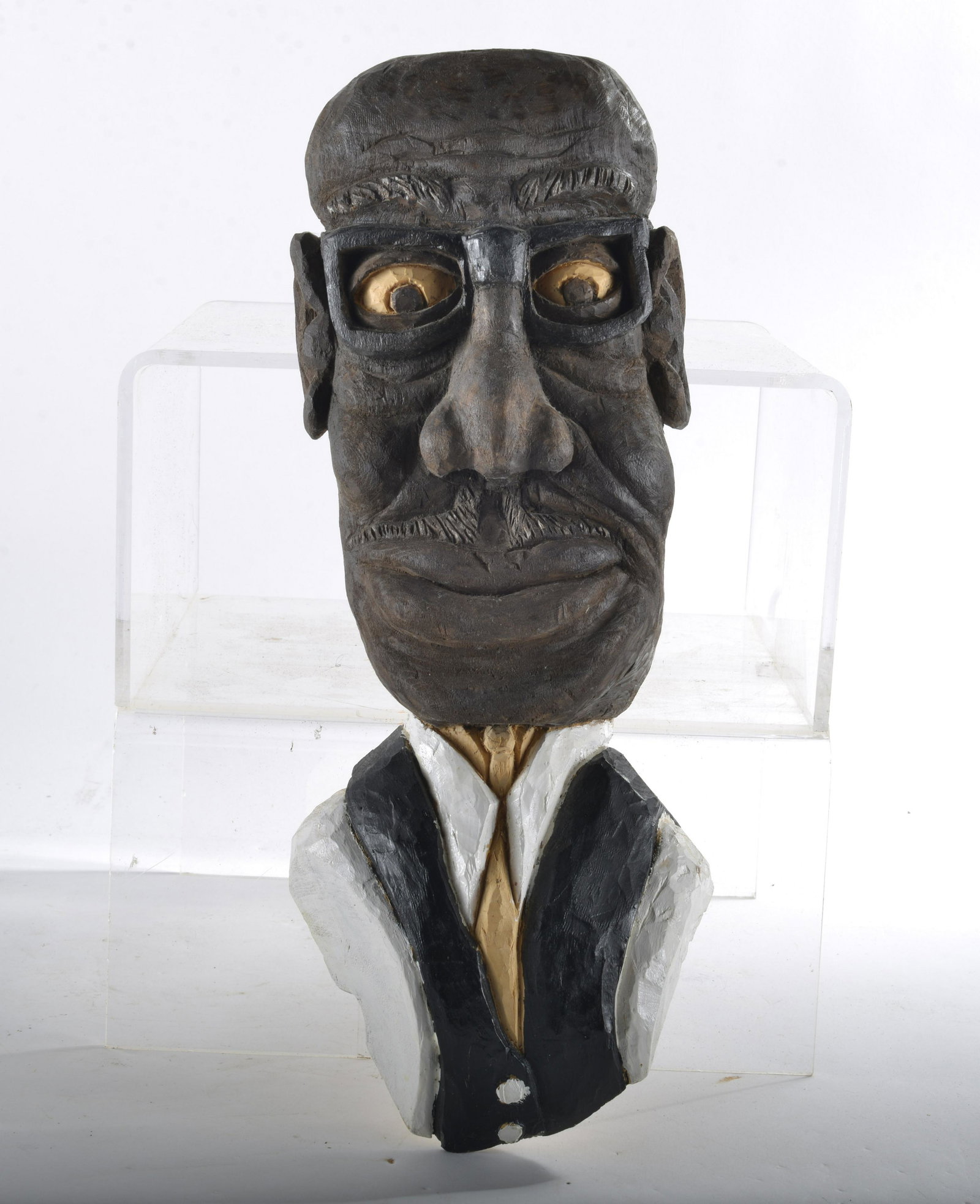Roy Butcher Carved Head: wcarved wood and paint. Signed on back. 12"