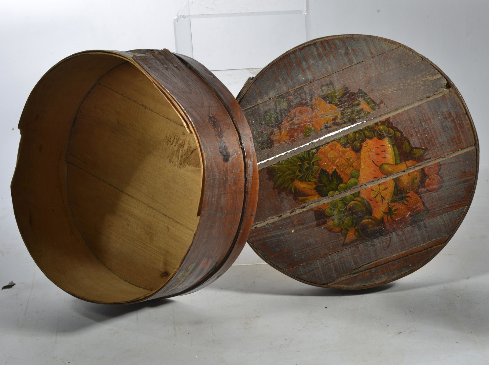 Antique Cheese Box: wood and later paint. 16"