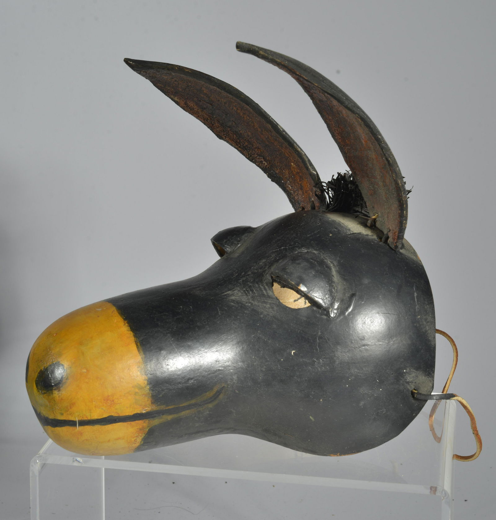 Wojeck wooden mask: wooden donkey mask, signed. 14"