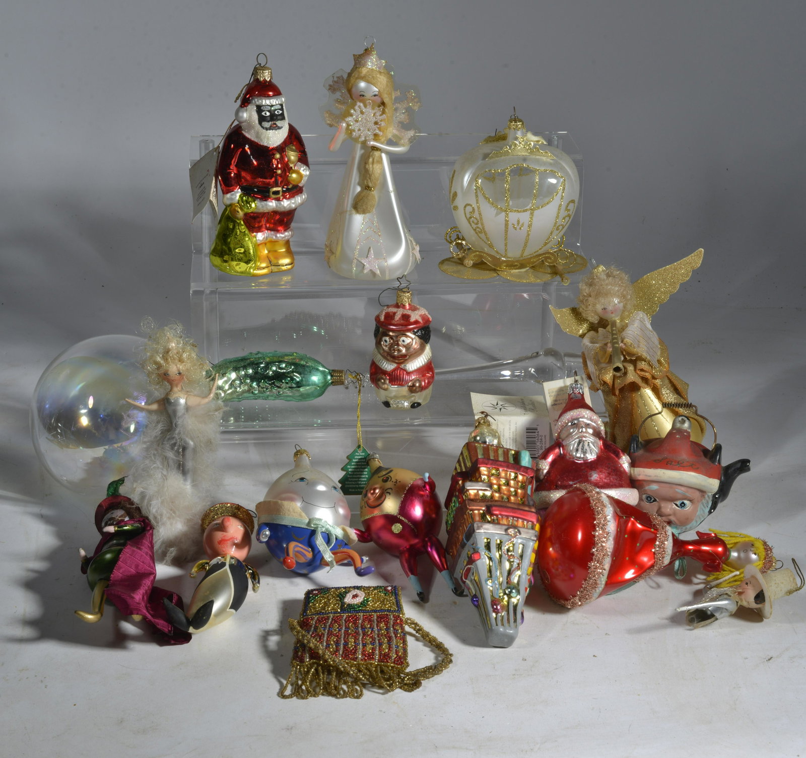 Vintage Christmas Ornaments: mix of glass and plastic and other material. Avg size 6"