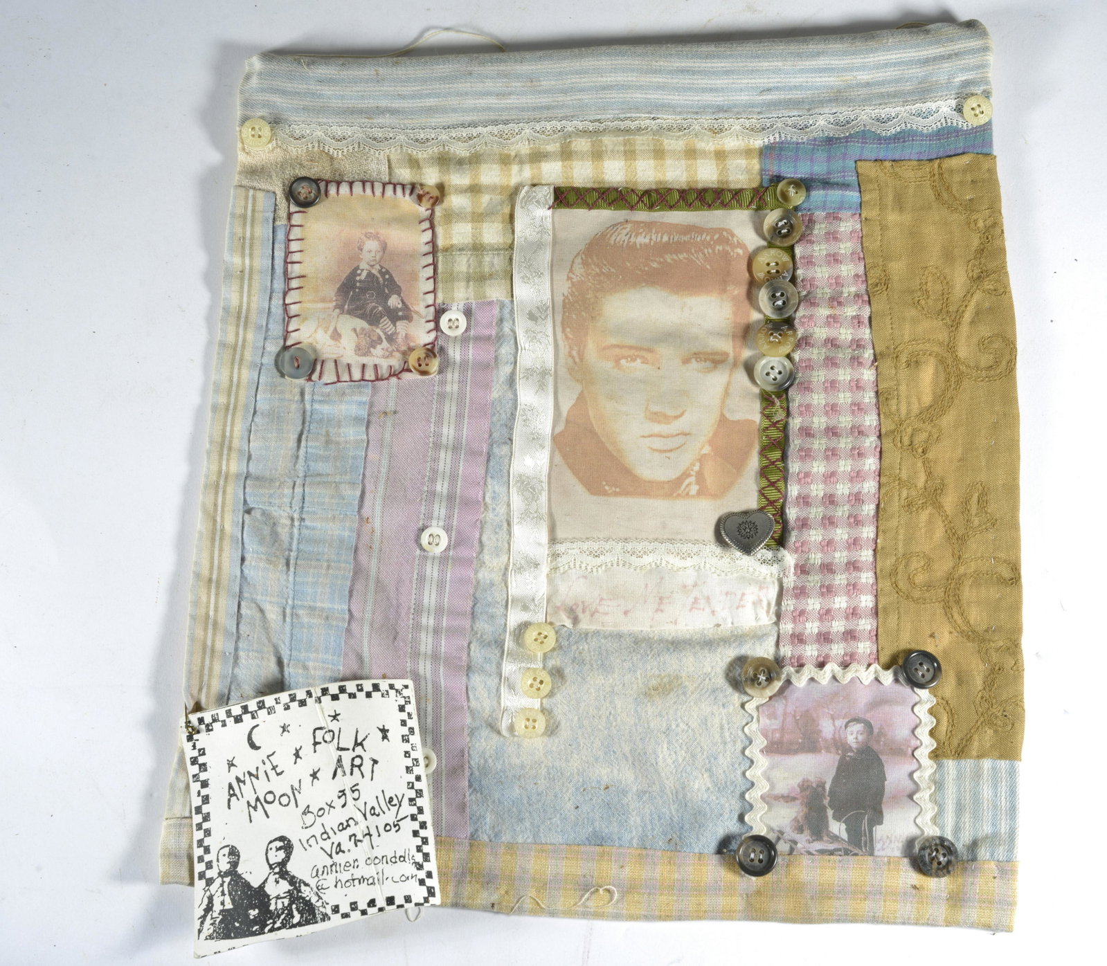 Annie Moon Folk Art Textile: mixed media, with label 10"