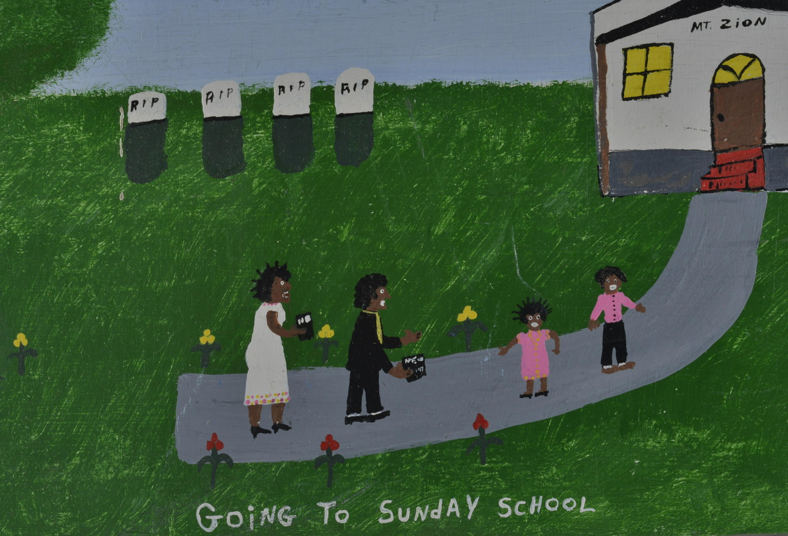 Mike Hutson Folk Art Painting: paint on wood board. 24" x 13". Mike worked with Benny at Halstead Metals and got laid off the same day, when Benny started to paint so did Mike and they painted together for some time. Mike Hutson is