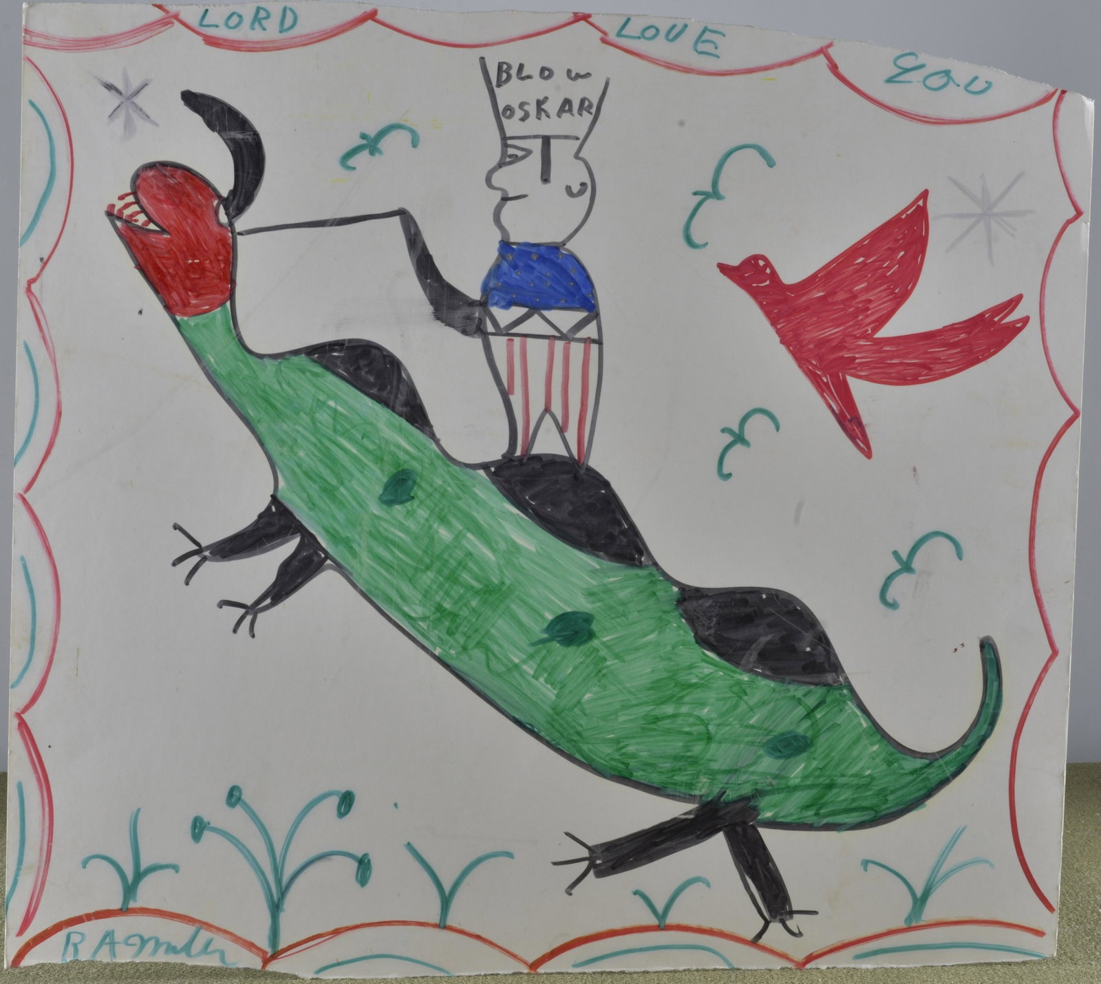 RA Miller Folk Art Drawing: Marker on thin poster board. Signed lower left. 22.5" x 21"