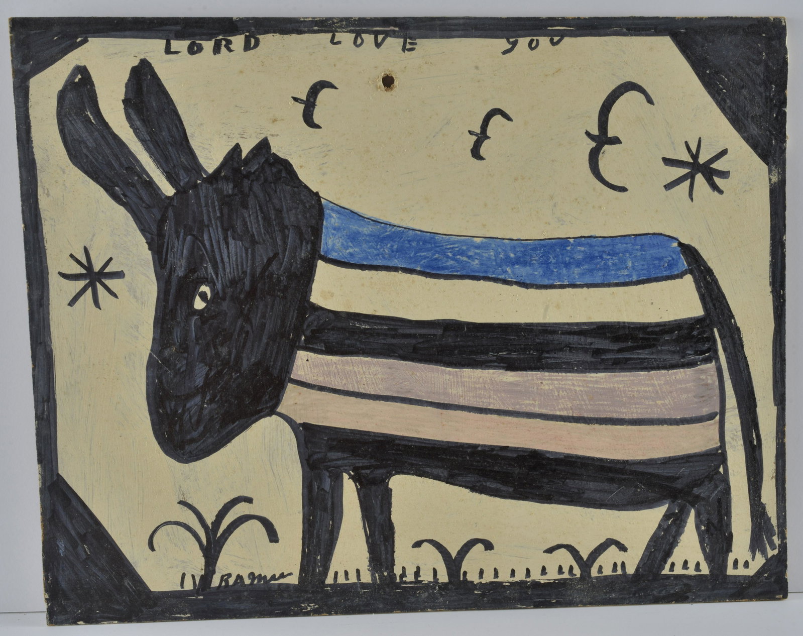 RA Miller Folk Art Drawing: Mixed media on masonite board. Signed lower left. 16" x 12.75"